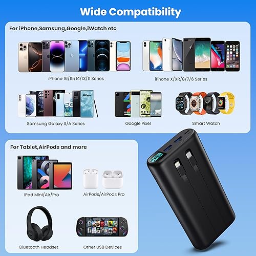 Miniatura 4 de Cargador portátil de 40,800 mAh con cables integrados, 5 salidas USB, batería de reserva, 25 W PD USB C pantalla LCD de carga de teléfono compatible