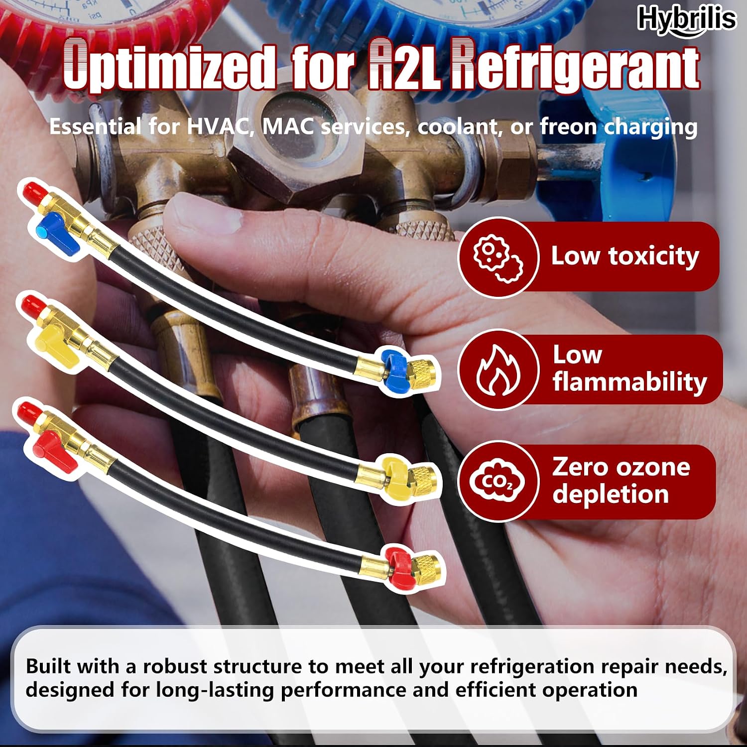 8" A2L Refrigerant Hose Kit with Ball Valves, 0.66FT, 1/4" SAE Short Hoses with Color-Coded Wrench, 180° LH Adapter, Pressure Relief Groove, for R32/R454B/R410A etc. Extension/Service (3 Pcs)