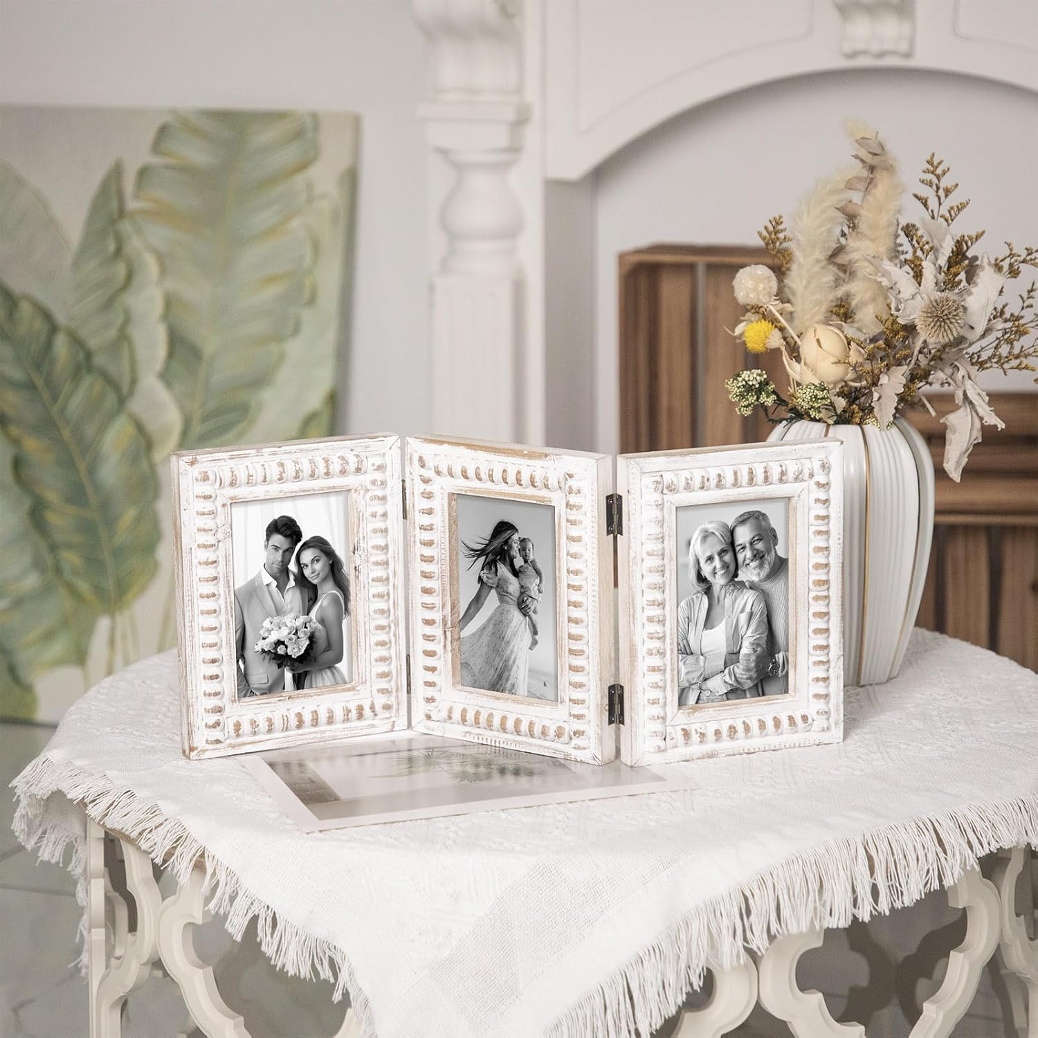 Triple 4x6 Picture Frame, 3 Folding Whitewashed Farmhouse Photo Frame Collage for Tabletop Display, Horizontal 3 Picture Frame 4x6 for Family Memories