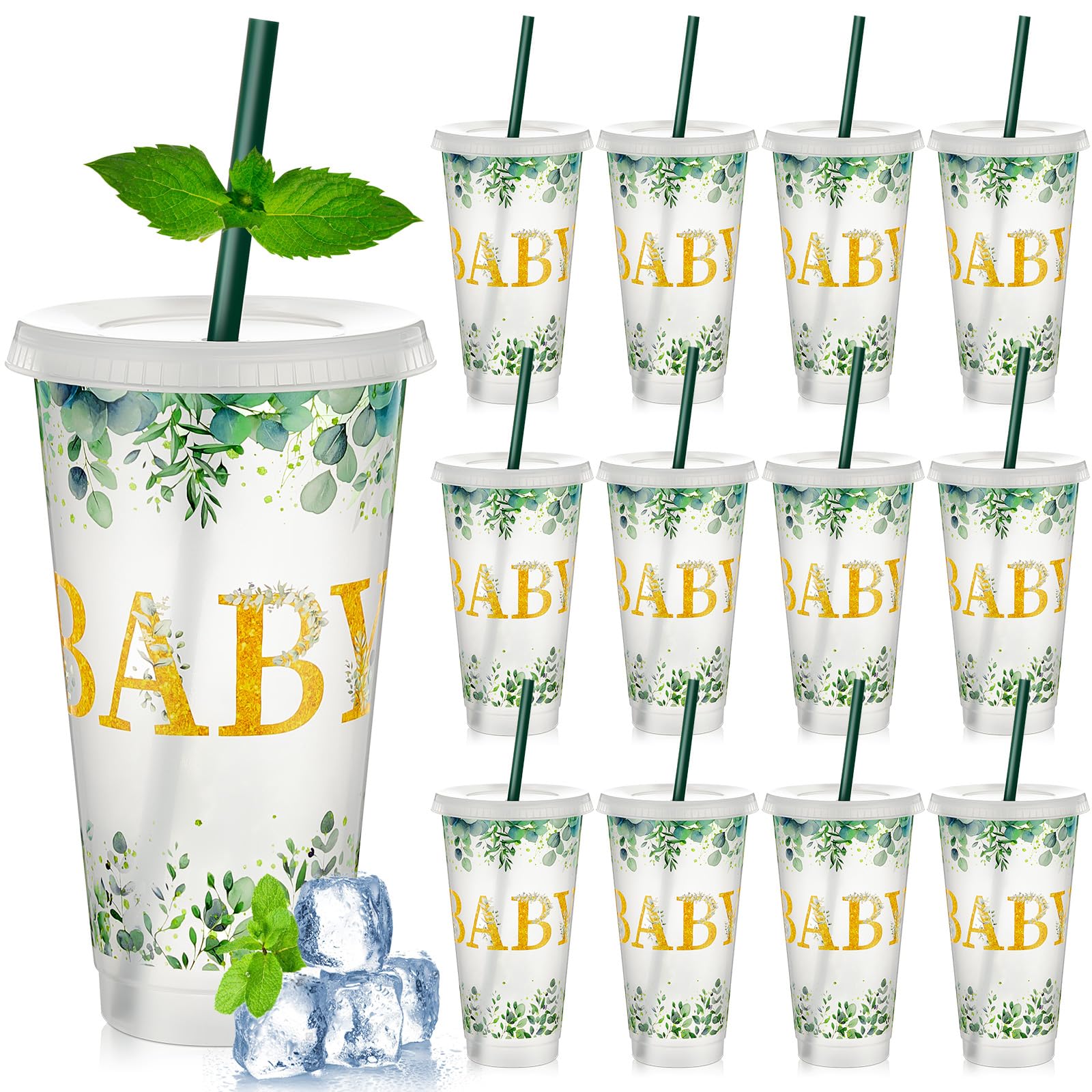 Frienda Lot de 12 gobelets réutilisables en plastique avec couvercle et paille pour fête prénatale, fête prénatale, révélation du sexe, 710 ml, vert sauge