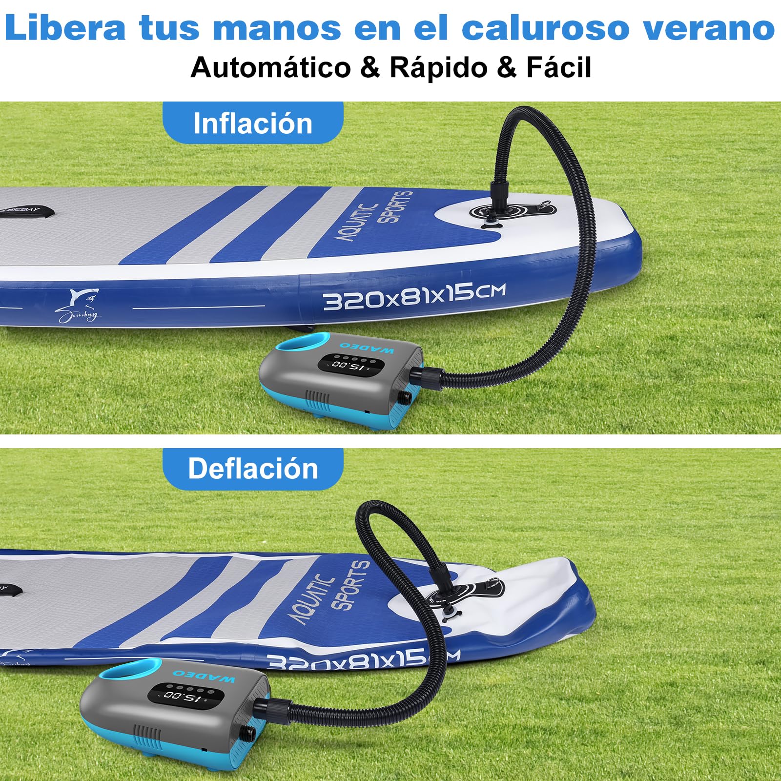 WADEO Bomba eléctrica para Sup con batería de 18000 mAh, Bomba de Aire de Alta presión de 20 PSI con luz LED, Carga rápida de 12V CC, para Tablas de Paddle Surf, Botes, Kayaks y colchones