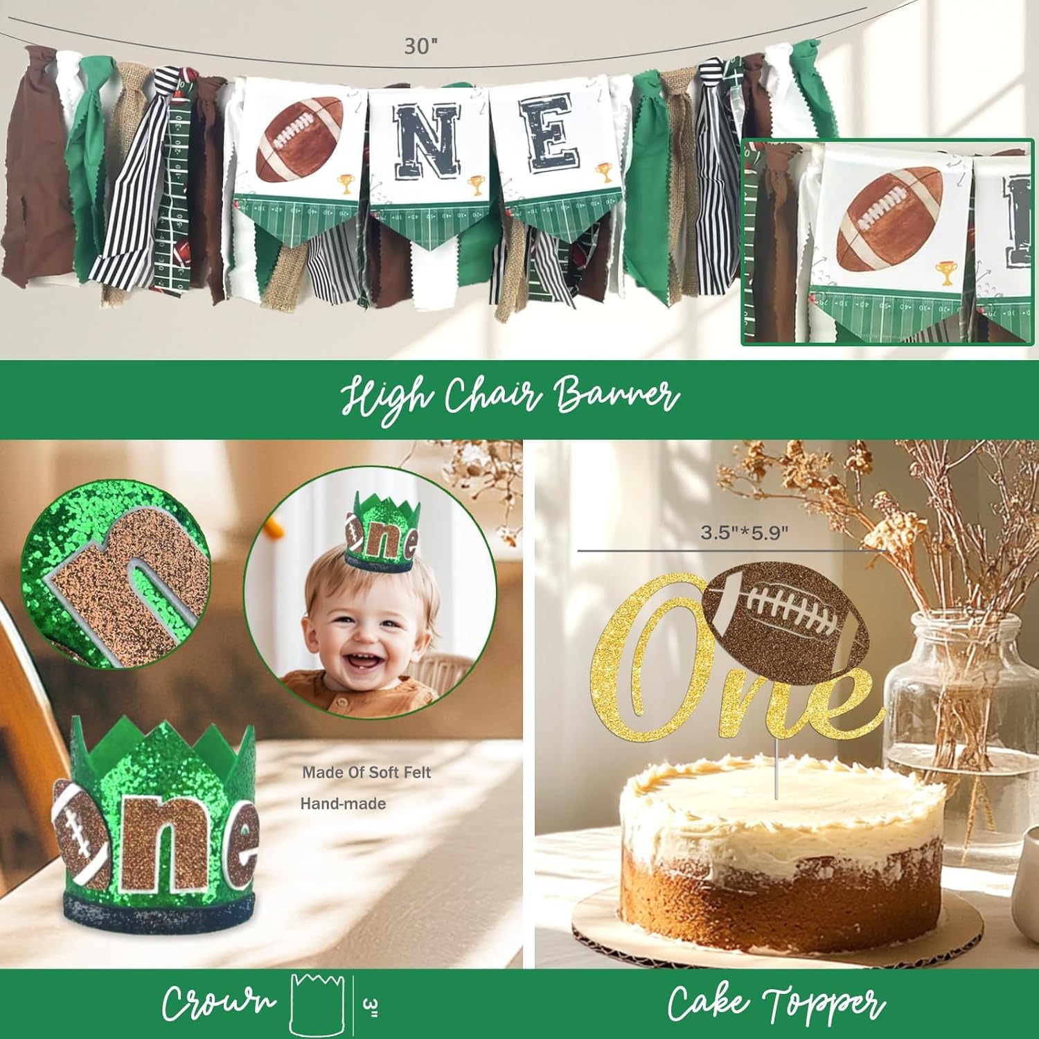 First Year Down Birthday Party Decorations, 1st Birthday Decorations for Boy, Touchdown Themed Backdrop Balloon Banner Boxes Crown for One Year Old Football Birthday Party Supplies