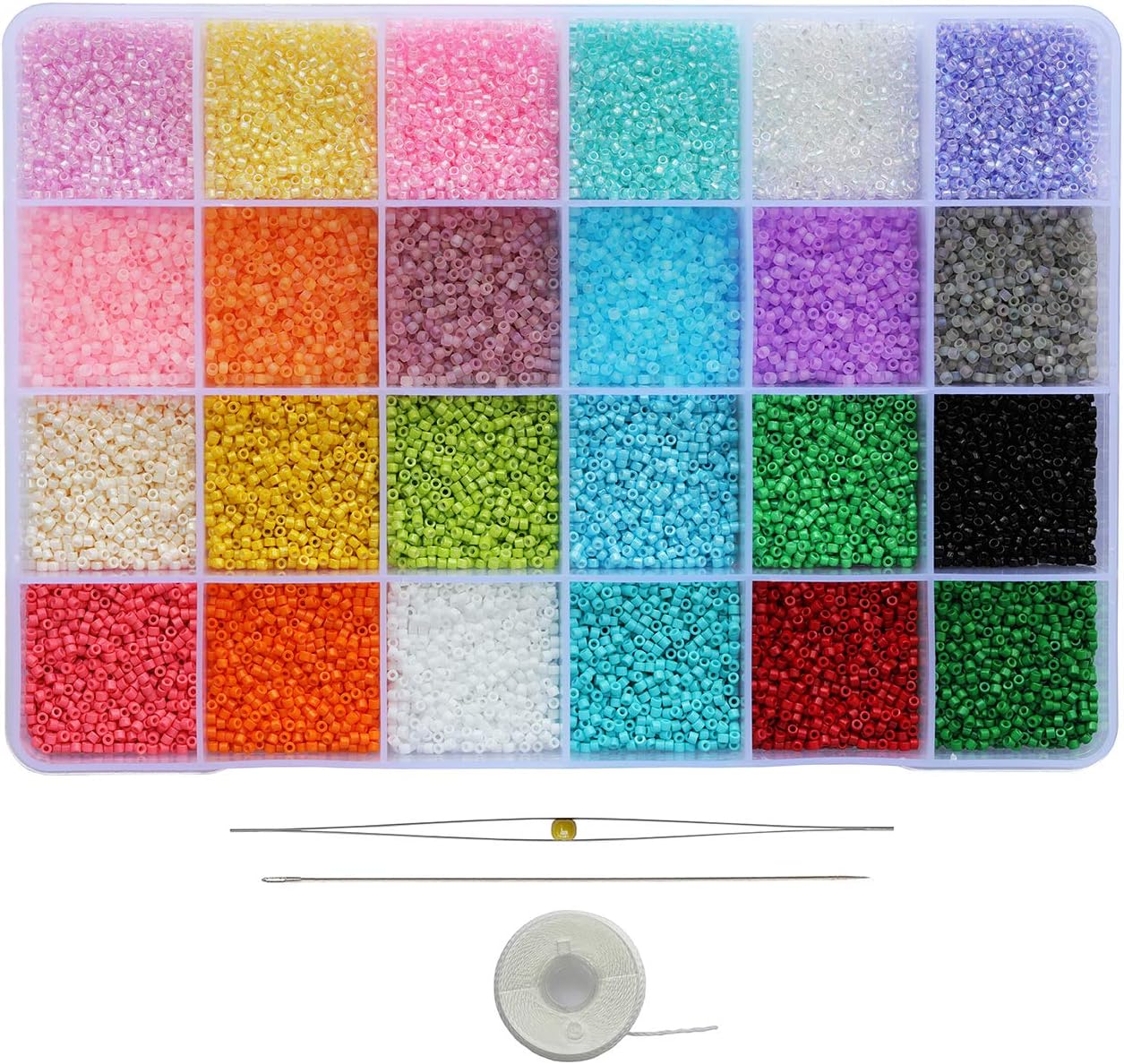 2mm Size Uniform 12/0 Glass Seed Beads with Beading Needles and String About 24000pcs in Case Seed Beads 2mm Craft Seed Beads for Jewelry Making (About 1000pcs/Color, 24 Colors)