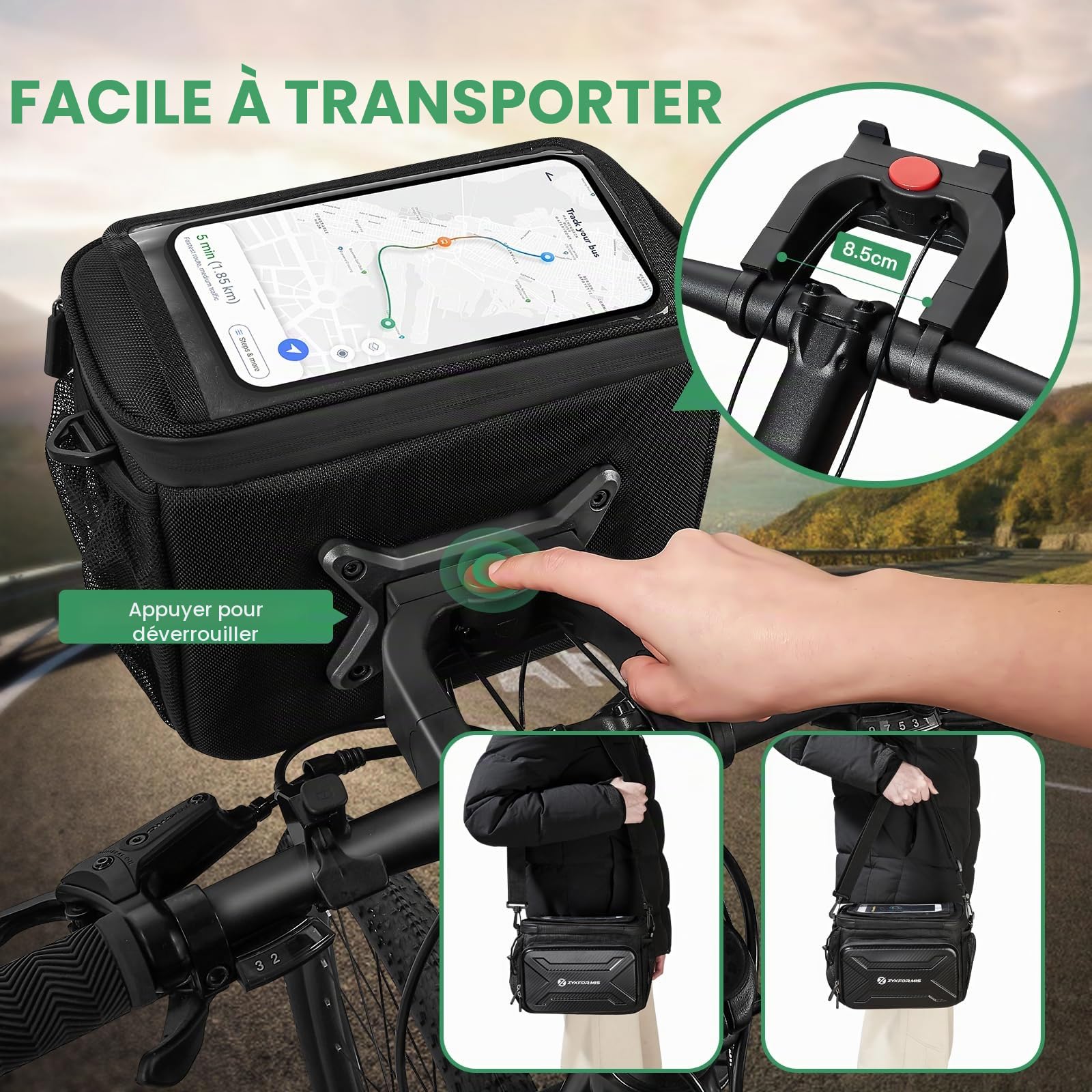 Sacoche Velo Guidon avec Adaptateur pour Vélos et Vélos Électriques, 6L Panier Velo Avant Porte Telephone Velo Etanche avec Écran Tactile, Sac Support Smartphone Velo avec Bandoulière