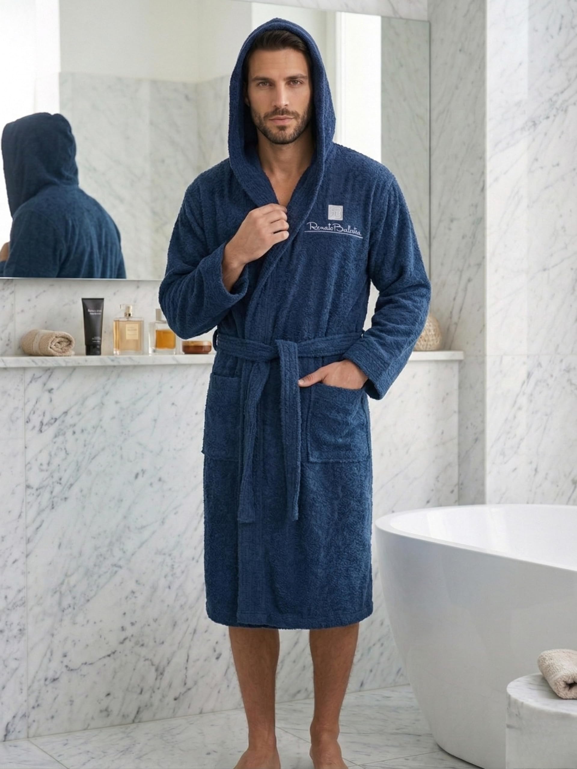 o-day Renato Balestra Accappatoio Uomo Spugna con Cappuccio Tasche e Cintura Morbido Accappatoio Donna Spugna in Cotone M-XXL - 3