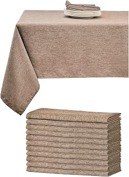 Mebakuk Rectangle Tablecloth and Cloth Napkins Set of 12, Anti-Shrink Soft and Wrinkle Resistant Decorative Fabric for Wedding Party Restaurant Dinner Parties 52 x 70 Inch Flaxen
