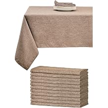 Mebakuk Rectangle Tablecloth and Cloth Napkins Set of 12, Anti-Shrink Soft and Wrinkle Resistant Decorative Fabric for Wedding Party Restaurant Dinner Parties 60 x 84 Inch - Flaxen