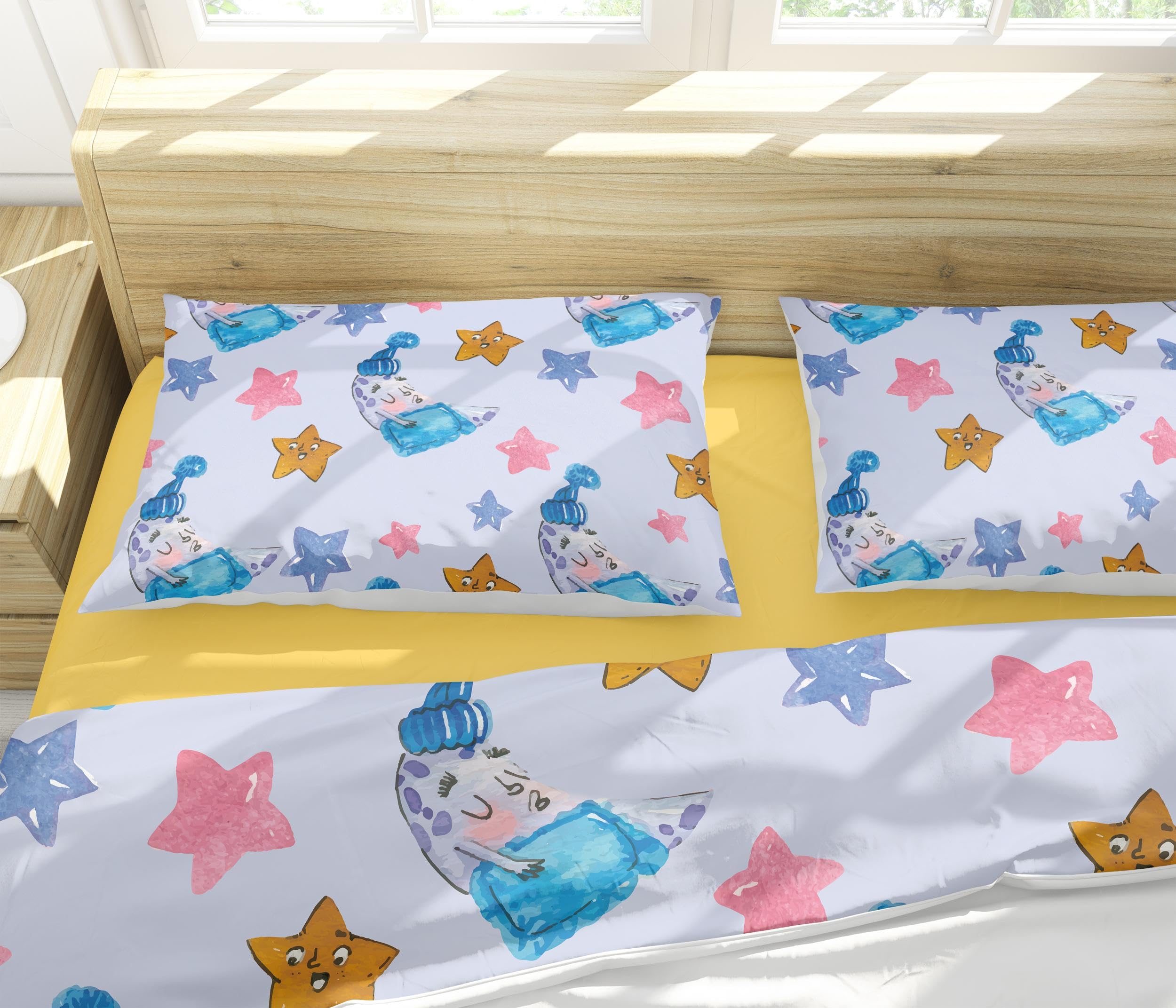 Juego de funda nórdica con estampado de estrellas y luna, juego de cama completo con estampado divertido y divertido, ropa de cama para niños, decoración de dormitorio 200x200cm -80x80cm*2