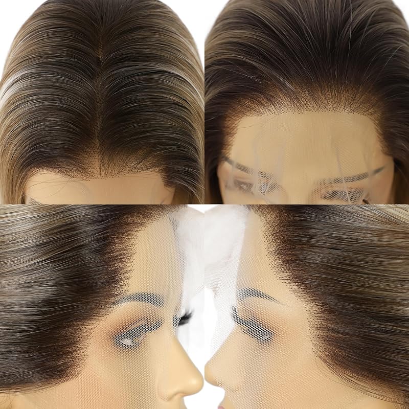 Sapphirewigs Hosszú Egyenes Barna Paróka Melírozott Szintetikus Hajjal - 13x6 Csipke Első Rész, Hőálló, 66 cm, 150% Dússág, Alkalmi Viseletr