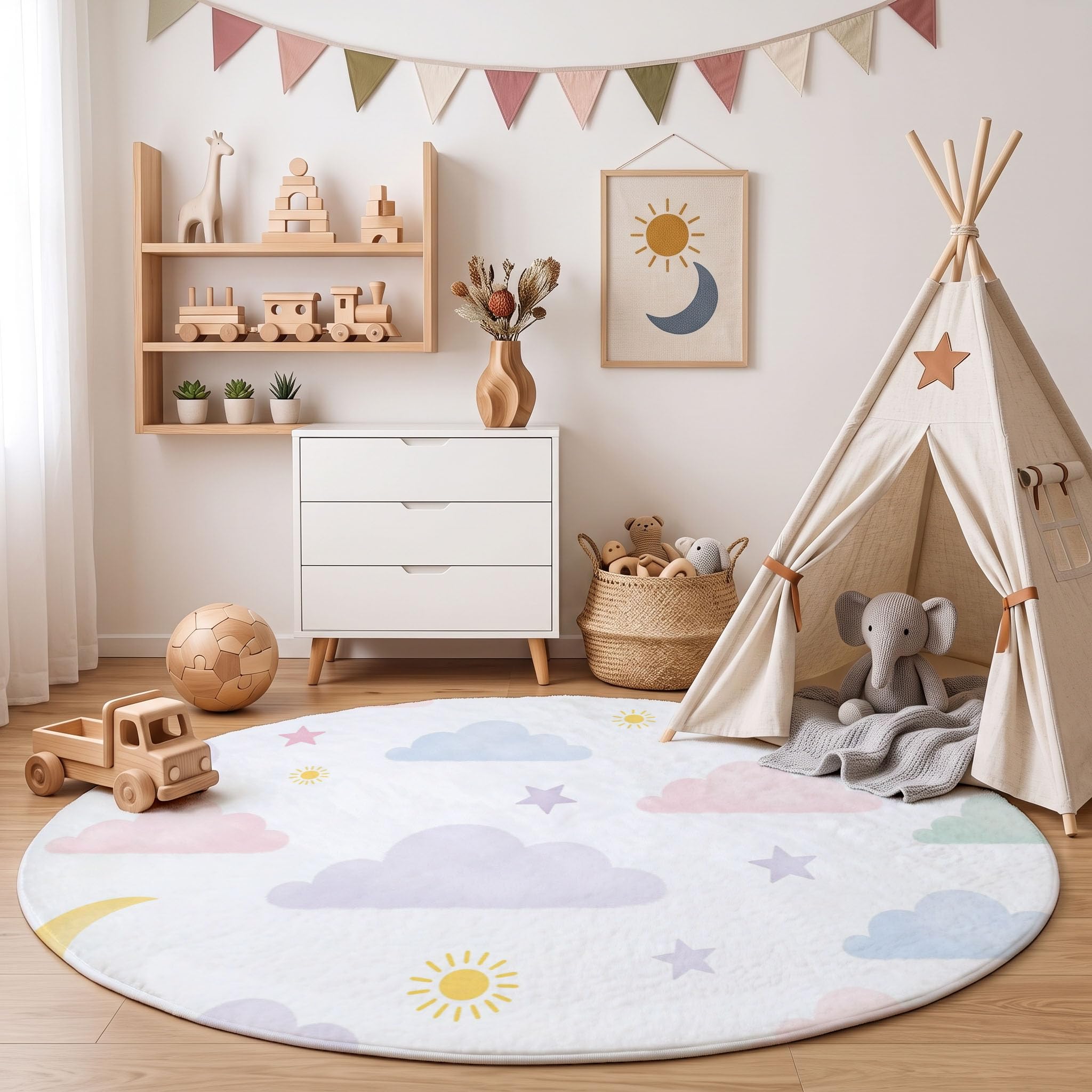 Tapis Poil Court Rond Thème De Bonne Nuit, Tapis Moelleux Imitation Cachemire Chambre Salon Nuages Et Lune Moquette Doux Lavable pour Salle à Manger Chambre D’Enfant (Blanc, 100cm)
