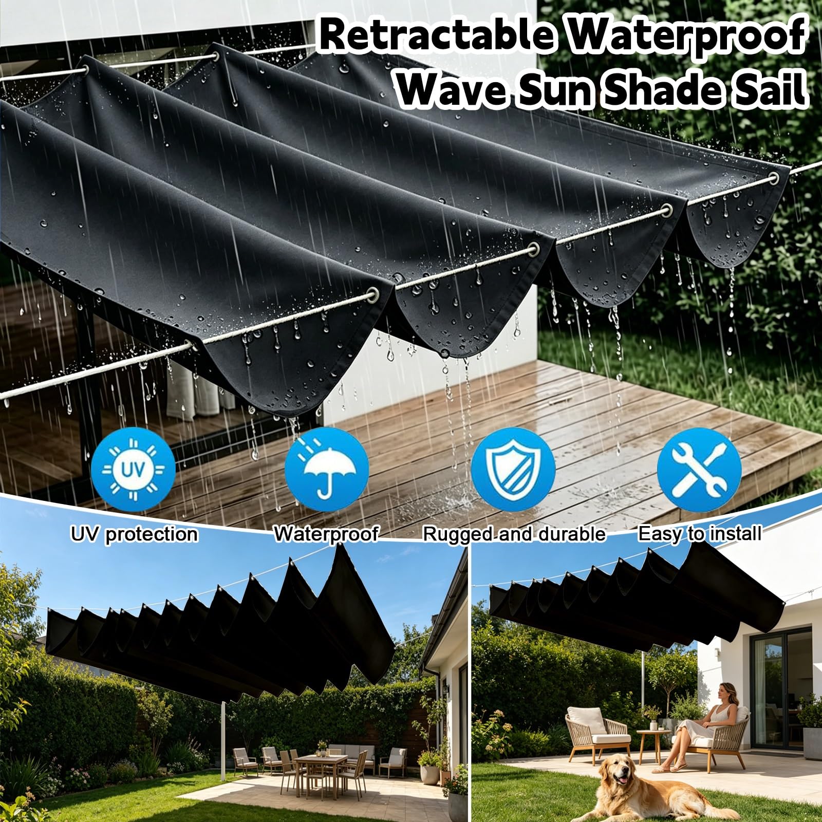 Toldo Retráctil de Onda 100 x 650 cm Impermeable Ondulada Toldos Exterior Protección Rayos UV Resistente Al Desgarro con Ojales y Cuerdas para Jardín Porche Patio Barbacoa, Negro