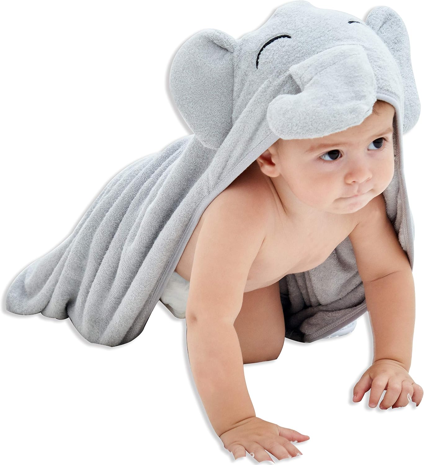 HIPHOP PANDA Hooded Towel - Rayon Made from Bamboo, Bath Towel with Bear Ears for Newborn, Babie, Toddler, Infant - Absorbent Large Baby Towel - Grey Elephant, 37.5 x 37.5 Inch Grey Elephant 37.5x37.5 Inch (Pack of 1)