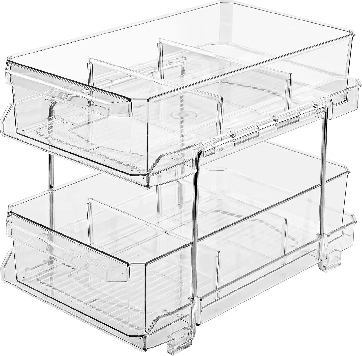 2 Tier Clear Organizer with Dividers, MultiPurpose SlideOut Kitchen Pantry Storage Container