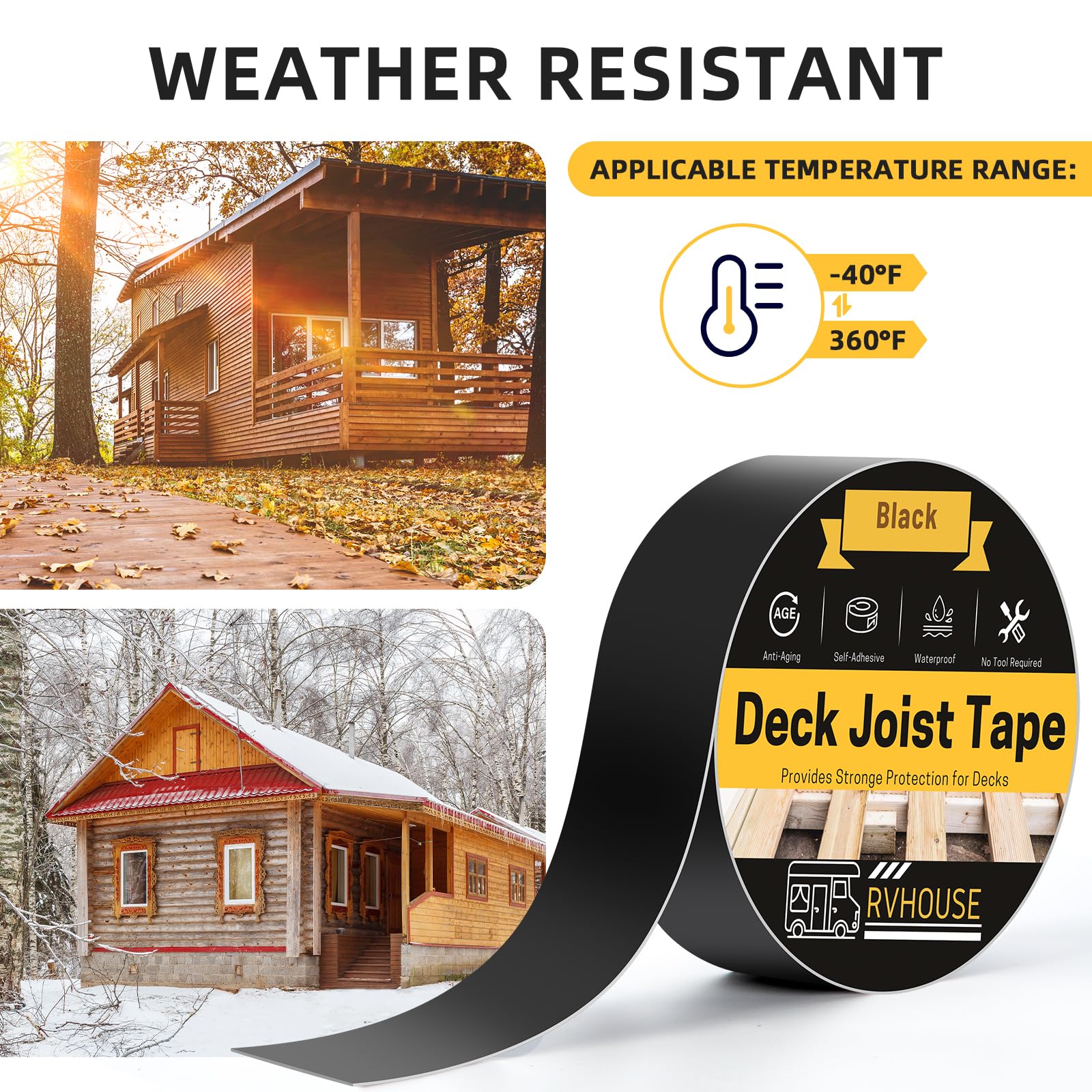 Lot de 1 ruban adhésif de solive de terrasse - 10,2 cm x 15,2 m - Ruban d'étanchéité butyle imperméable pour protection de terrasse - Mastic idéal pour VR - Essentiel pour la construction et