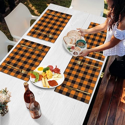 Miniatura 6 de Juego de 6 manteles individuales de Halloween para mesa de comedor, color naranja y negro, a cuadros, manteles individuales lavables para mesa de
