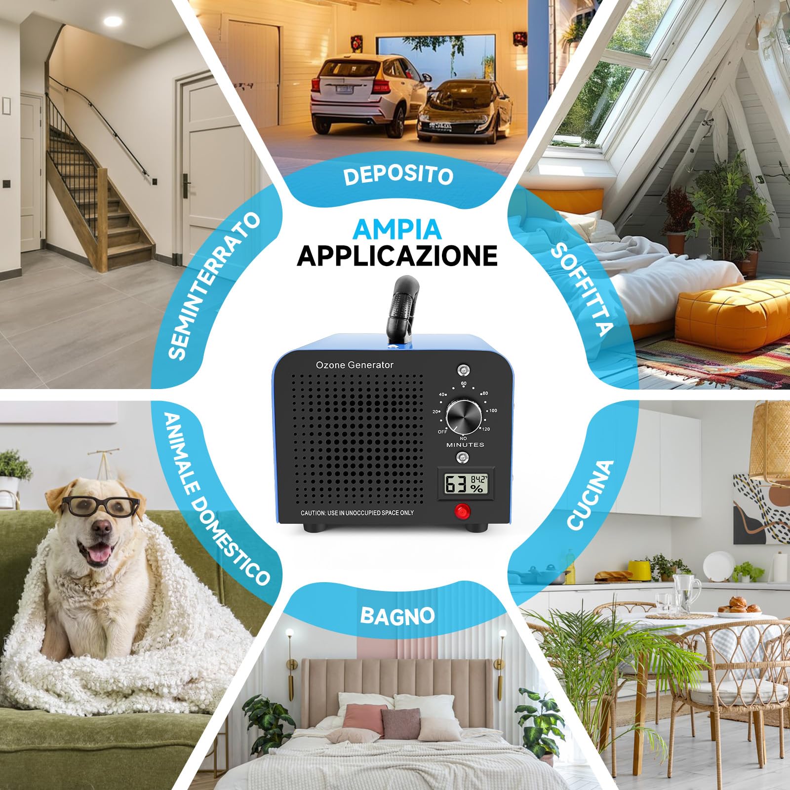 Generatore di Ozono 60000mg/h, Purificatore d'Aria Ozono con Display della Temperatura e Dell'umidità e Timer da 120 minuti, Ozonizzatore per Auto, Casa, Fumo, Odori di Animali Domestici e Cucina