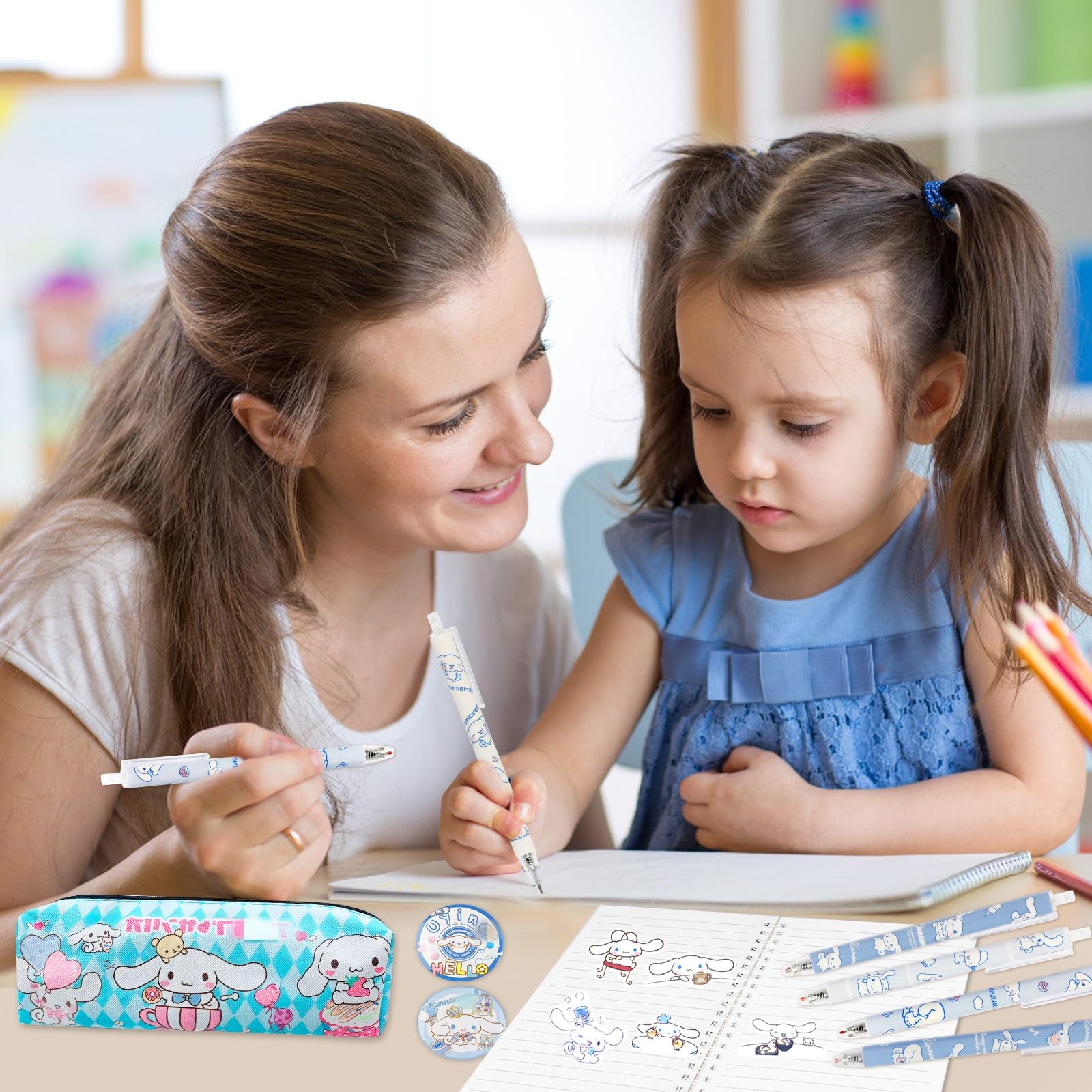 Stationery Set School Supplies Girls- Blue Cartoon Stationary Including Pencil Case Ink Pens Notebook Bookmark Badge Stickers Cute Stationery Supplies Back to School Gift for School Season Boys Kids - Image 2