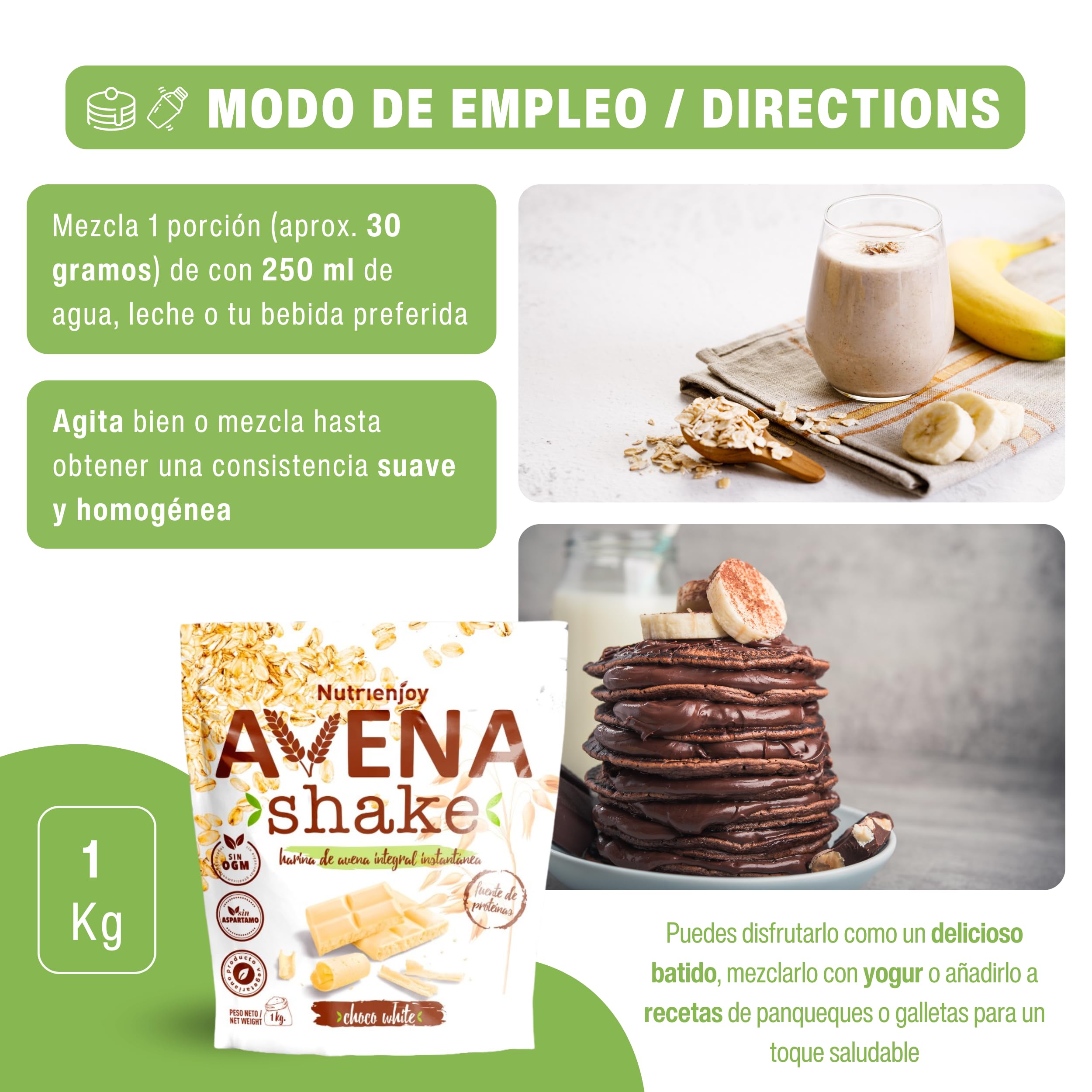 NutriEnjoy - Avena Shake 1Kg | Copos de Avena Integral Molidos | Harina de Avena Sabores | Avena en Polvo | Harina de Avena Integral | Avena Instantánea Sabores Deliciosos (Chocolate Blanco) - 3