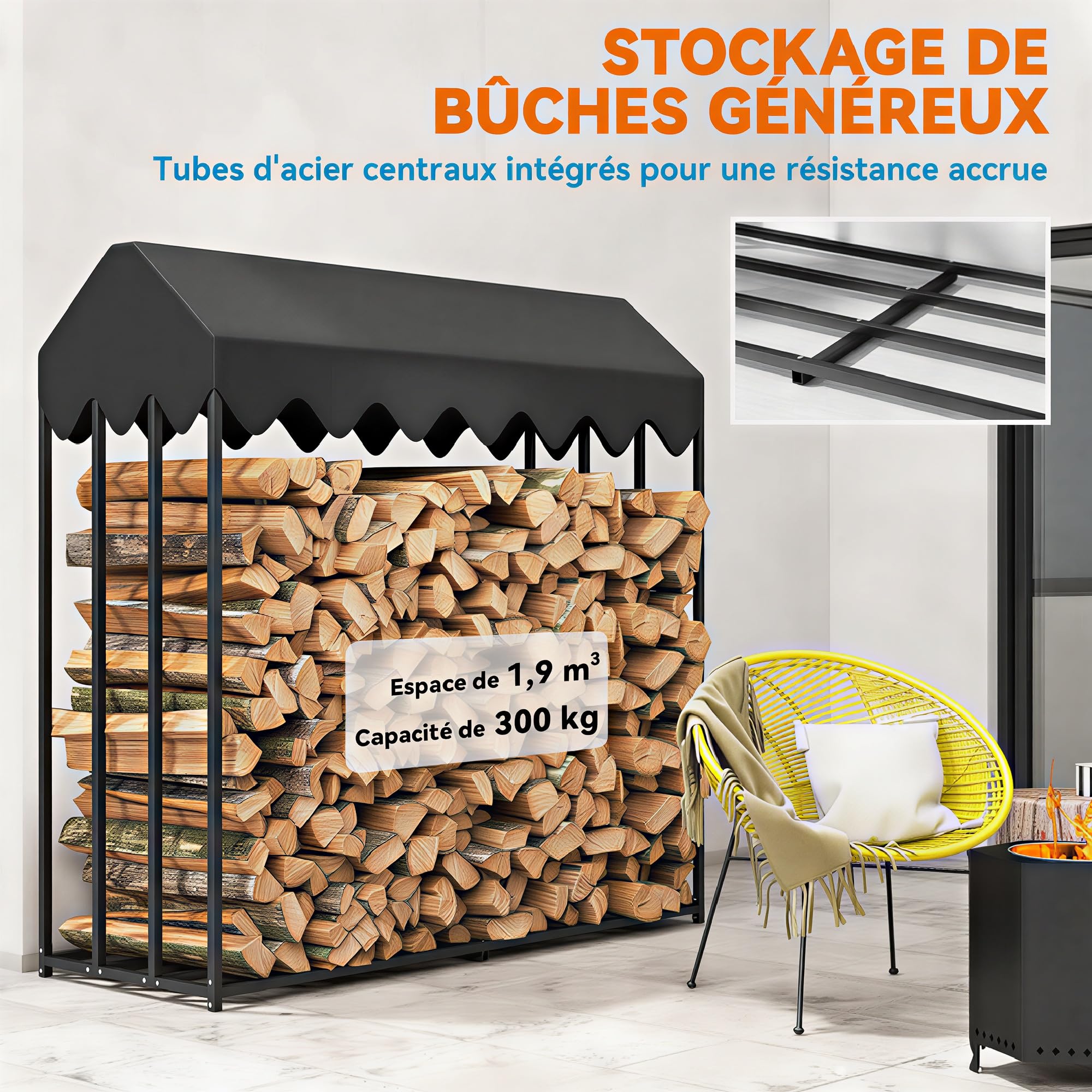 Outsunny Range bûches extérieur en acier 186 x 70 x 185 cm grande capacité 1,9 m³, étagère à bûches avec abri bois de chauffage et housse de protection 600D Oxford noir
