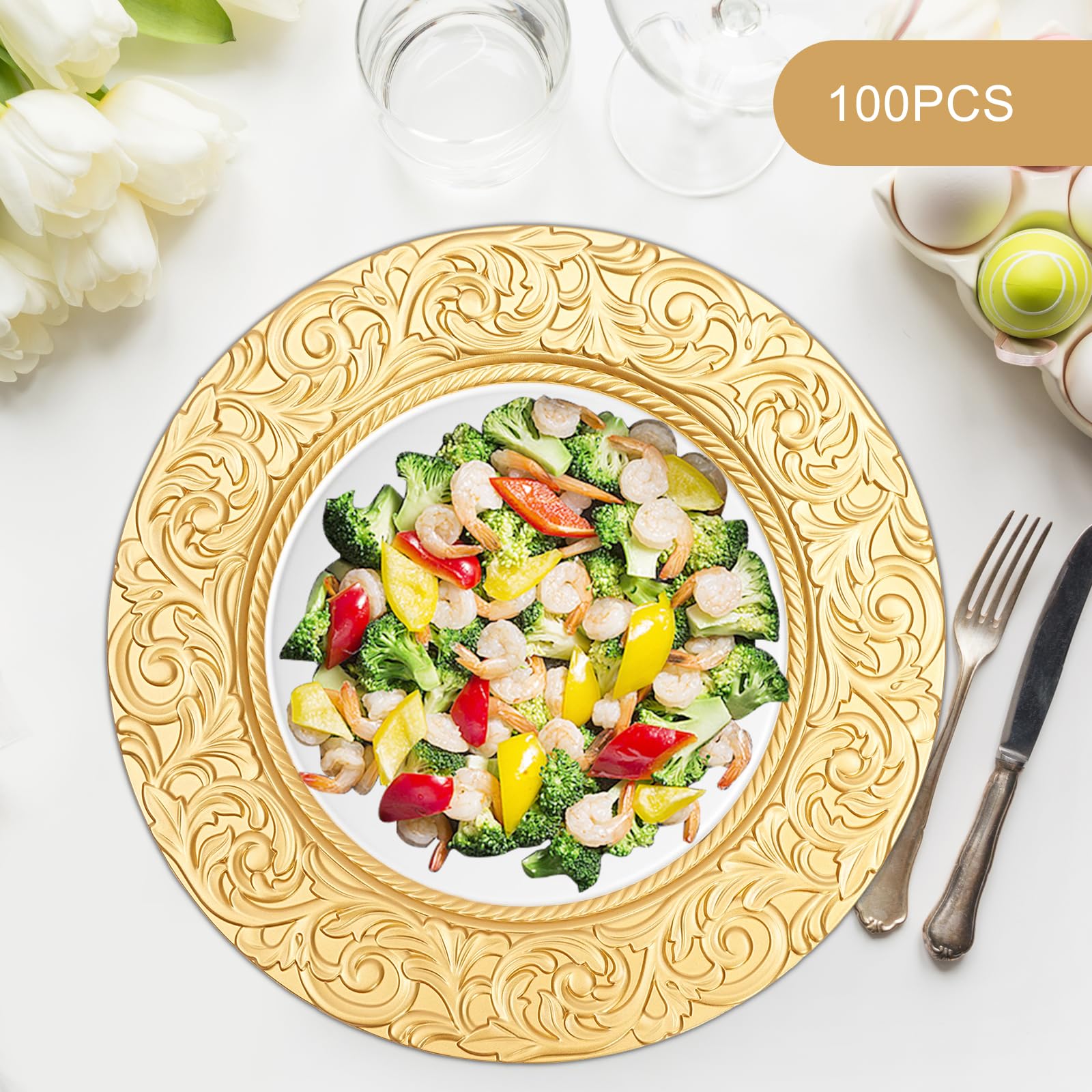 Platos dorados 100 unidades, 33 cm, diseño de arrecife de plástico, con relieve, platos decorativos para bodas y fiestas