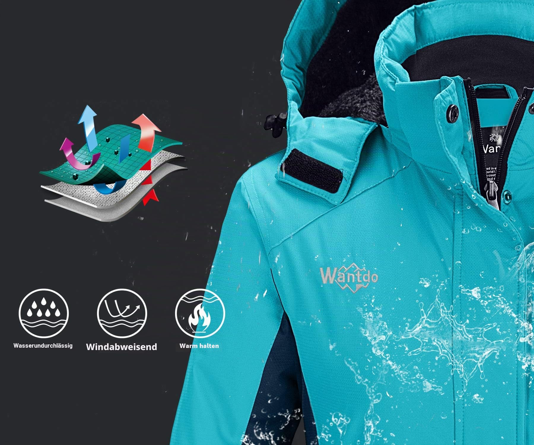 Wantdo Damen Skijacke Winddicht Outdoor Wintermantel mit Kapuze | Wasserdicht,Brusttasche,Fleece,Warm Gefüttert,Leicht,Atmungsaktiv,Windbreaker Jacke Damen, Wandern,Snowboard,Berg
