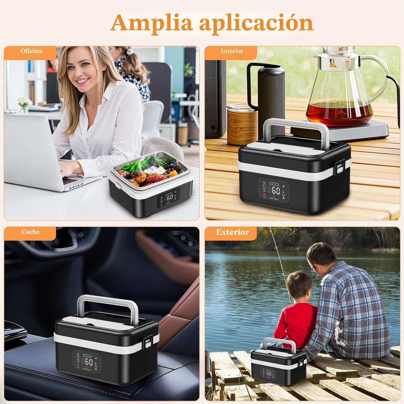 Fiambrera Eléctrica, Recargable Taper Electrico Para Comida de 16 000 mAh, Calentador de Alimentos portátil de 1 l con Calentamiento Automático para Oficina, Picnic, Coche y Uso al Aire Libre