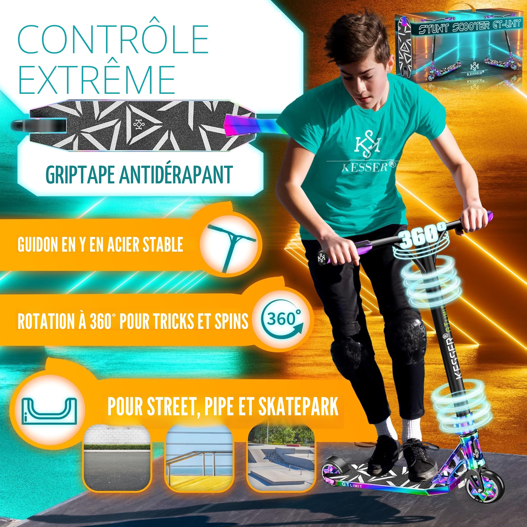 KESSER® Trougetinette de Freestyle GT-Limit 360Ḟ Direction trougetinette Funscooter Trougetinette de Freestyle avec béquille ABEC 9 roulements à Billes, Roues en PU 110 mm,
