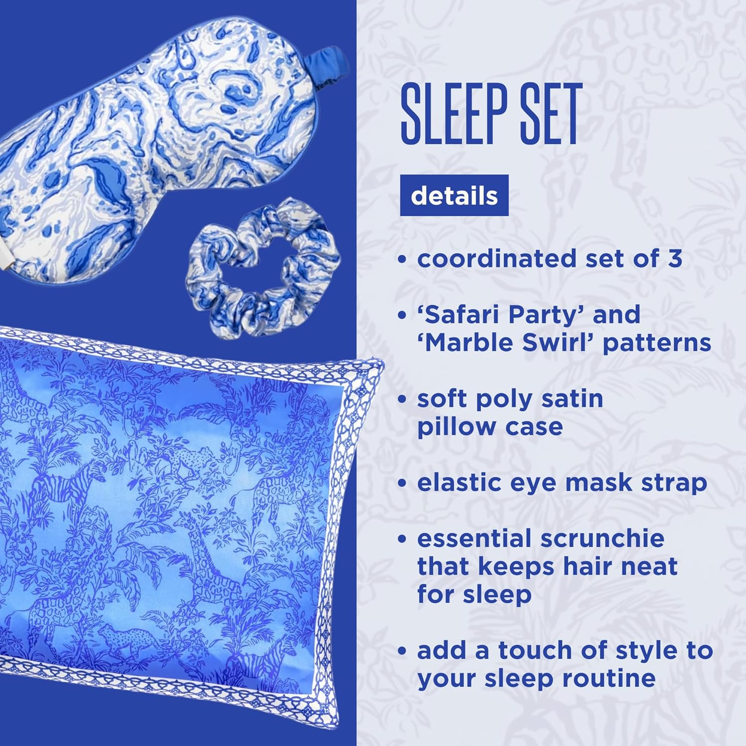 Lilly Pulitzer Silk Pillowcase and Eye Mask Set, Standard Pillow Sleep Set with Blue Satin Pillowcase, Padded Eye Mask, and Hair Scrunchie (Safari Party/Marble Swirl)