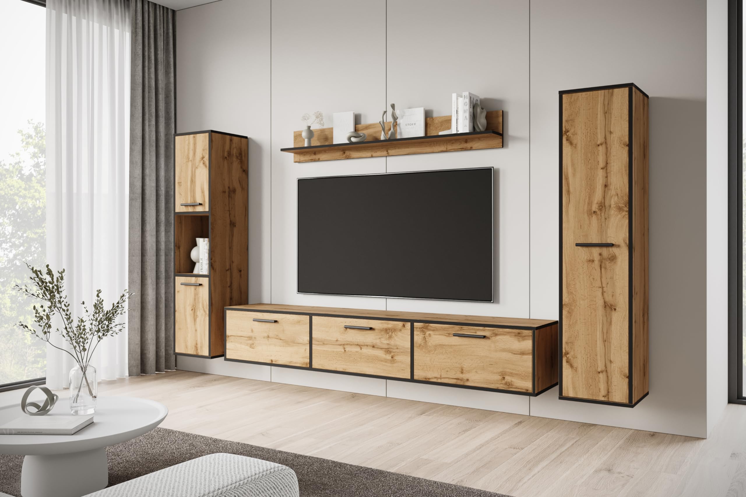 MINIO go for it - Wohnwand Wohnzimmer 4-teilig Toga, Wohnzimmer Möbel Set, 1x TV Lowboard, 2X Hochschrank, 1x Wandboard, Wohnzimmermöbel Komplett, Wohnzimmer Set - Farbe Wotan Eiche/Schwarz Farbe