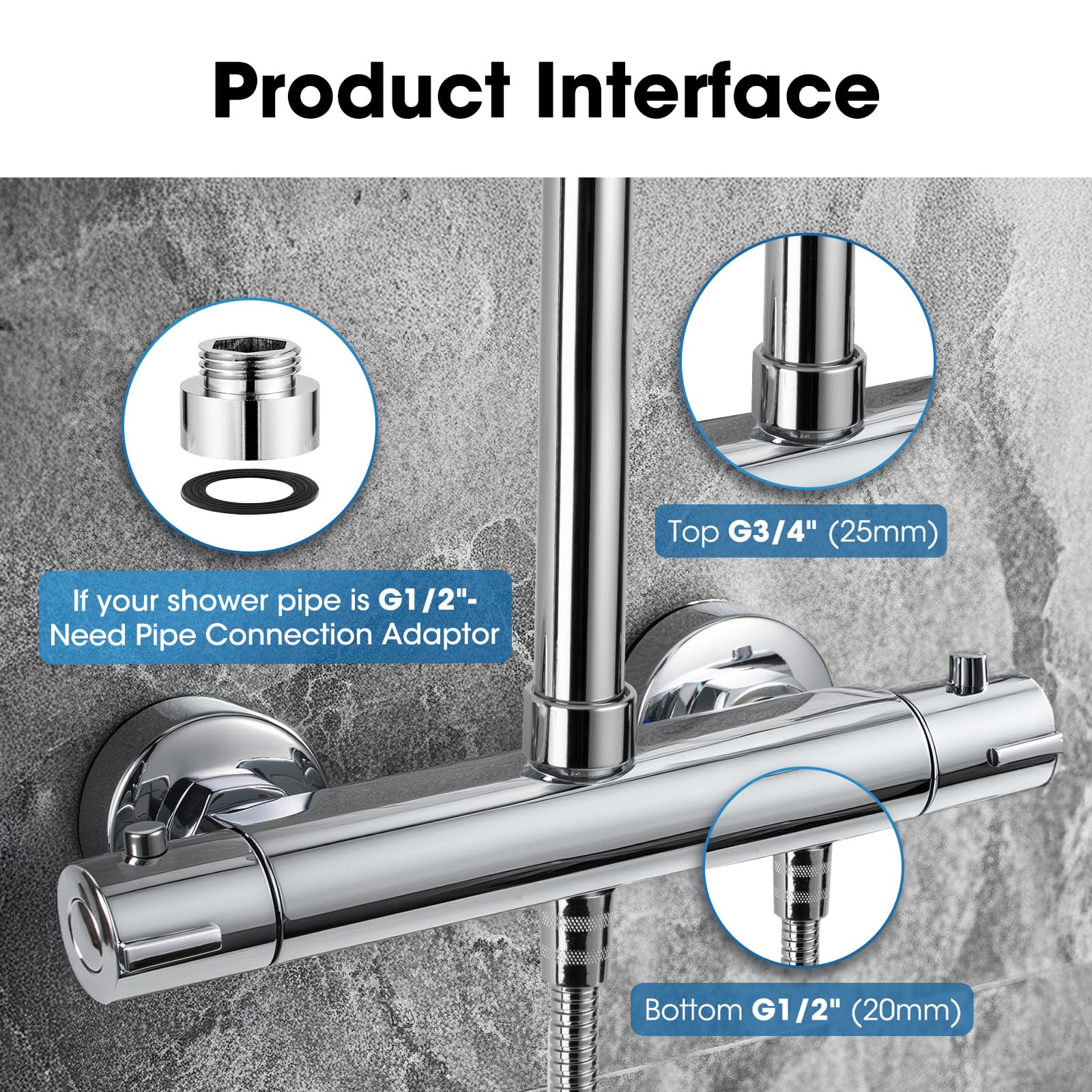 Grifo Termostático Ducha, Termostato Ducha con el Botón de Seguridad, Grifería de Bañera de Pared de 38 ℃, Grifo Ducha Termostatico de Latón Cromado de Salida Superior de 3/4" Inferior de 1/2"
