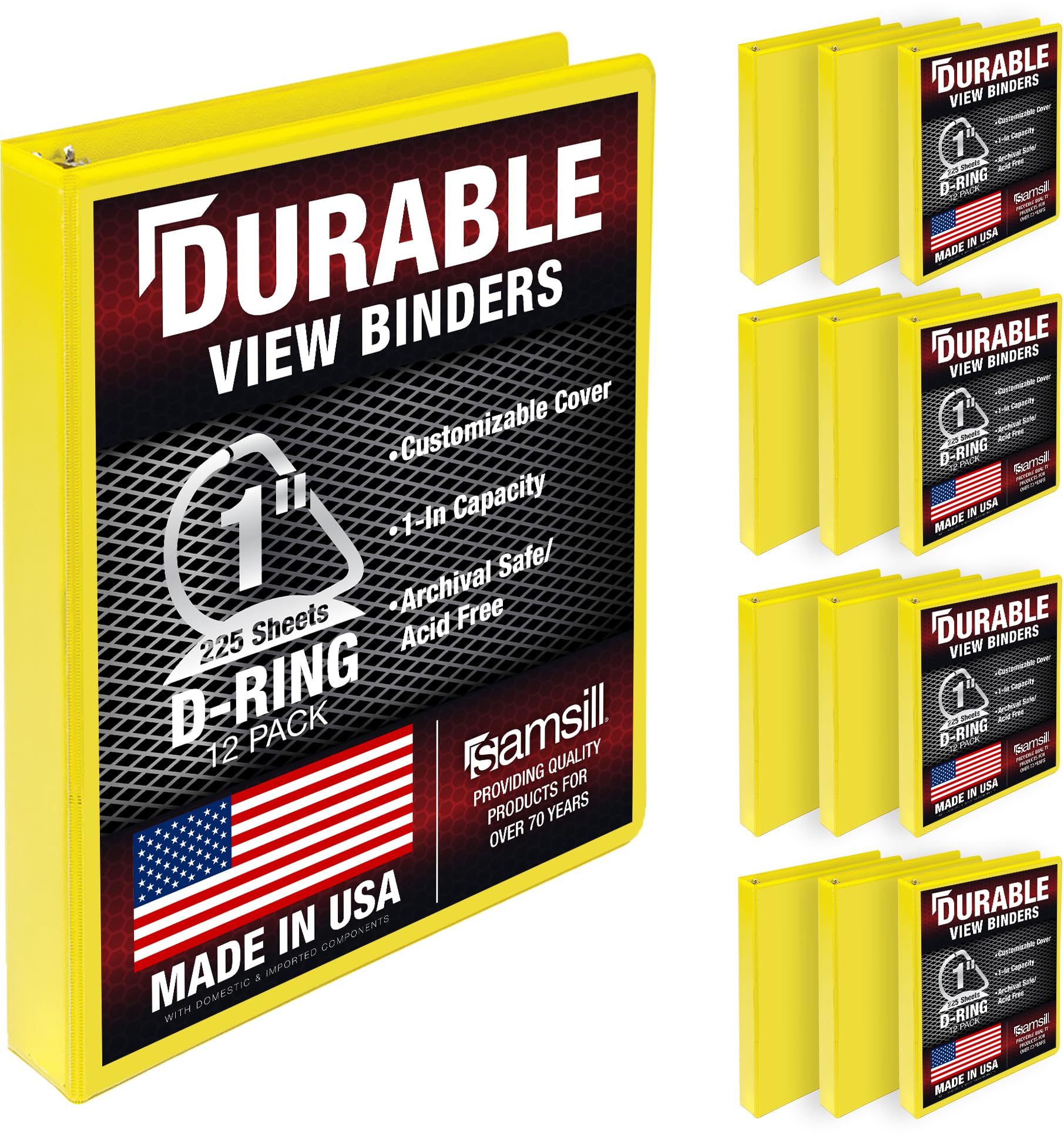 Samsill Durable 1" D Ring, Made in USA, Customizable Clear Cover, Yellow, Pack of 12, Each Holds 225 Pages — image 1