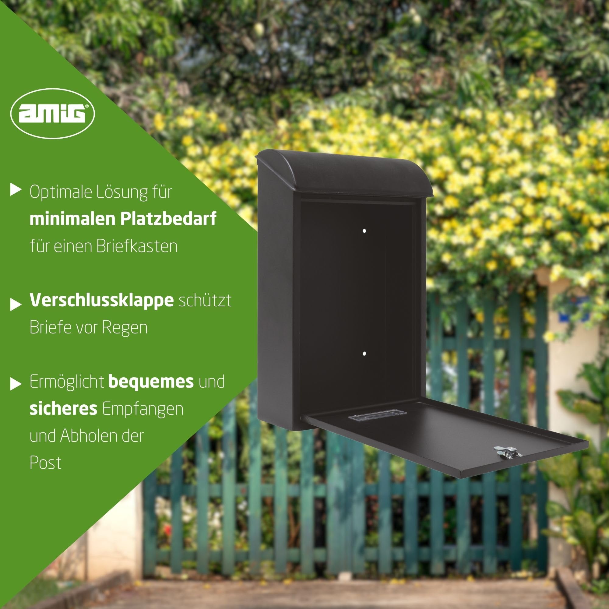 Amig - Stahl Außenbriefkasten - Wetterfest, DIN-A4, inkl. Montagematerial - Elegantes Design, Sichtfenster, Sicherheitsschloss - Schwarz, 40x25x10 cm, Legierter Stahl