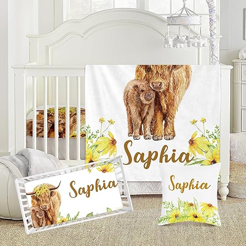 Miniatura 1 de Juego de ropa de cama personalizado para cuna de vaca de las tierras altas para bebés, niños y niñas, juego de manta personalizada de doble capa con