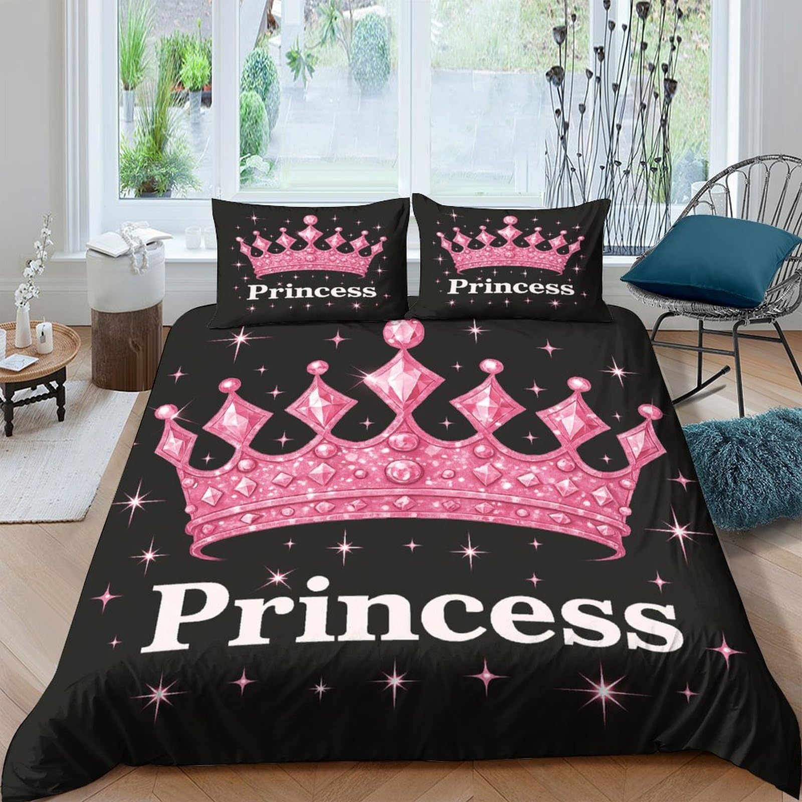 Ctjqhvkz Style-7 3D Printed Pink Crown Fitted Sheet Microfiber Soft Black Princess Bed Cover For Bedroom Guest Room Easy Care Single（135X200cm）