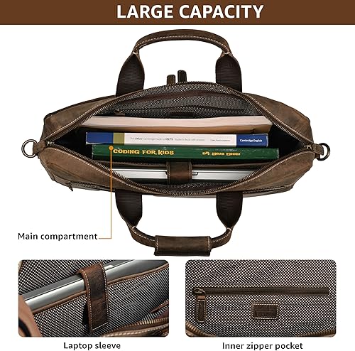 Miniatura 4 de LEATHER VILLAGE Maletín de cuero para portátil de 18 pulgadas para hombre, bolso de cuero para viajes y oficina, color marrón rústico