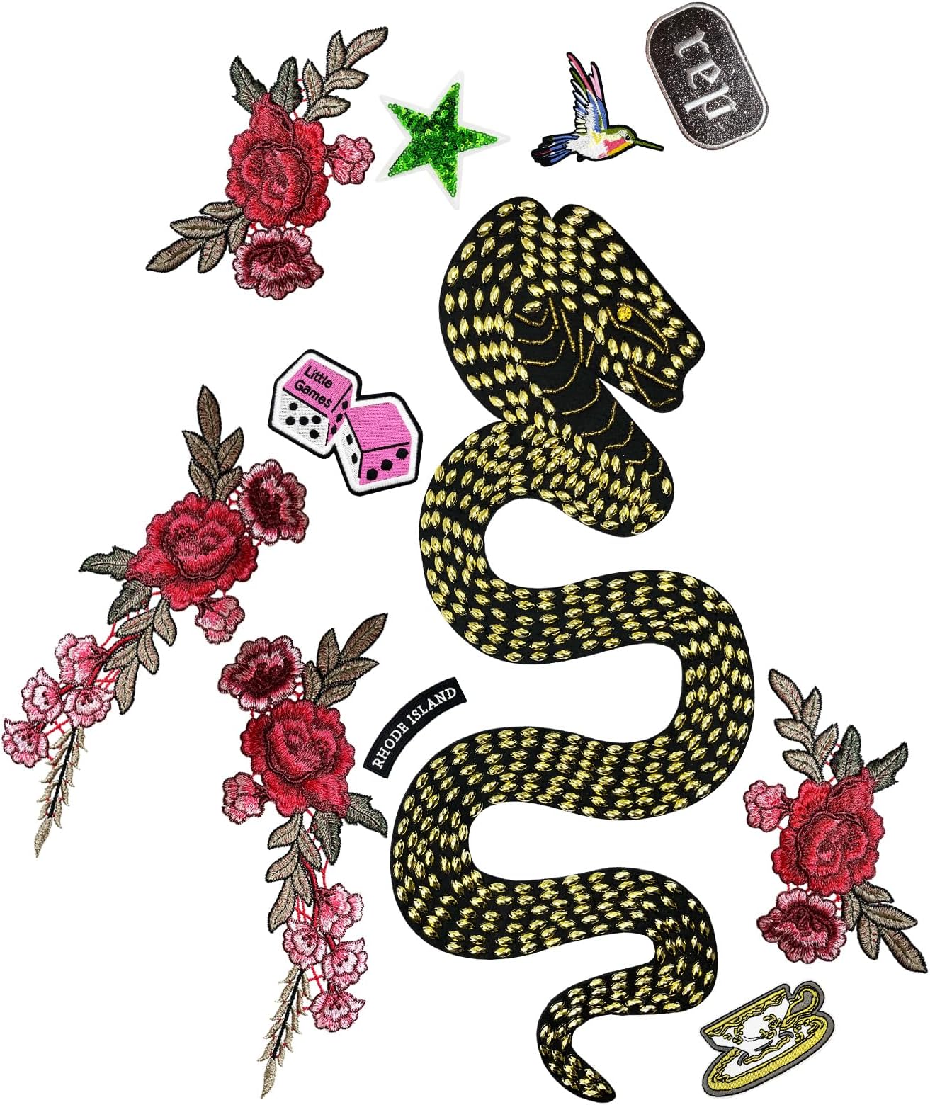 11 pcs Pack Embroidered Patches, Giant Yellow Cobra Snake Patch, Pink Dice, Rhode Island, Tea Cup Embelm, Green Sequins Star Applique, Hummingbird Badge