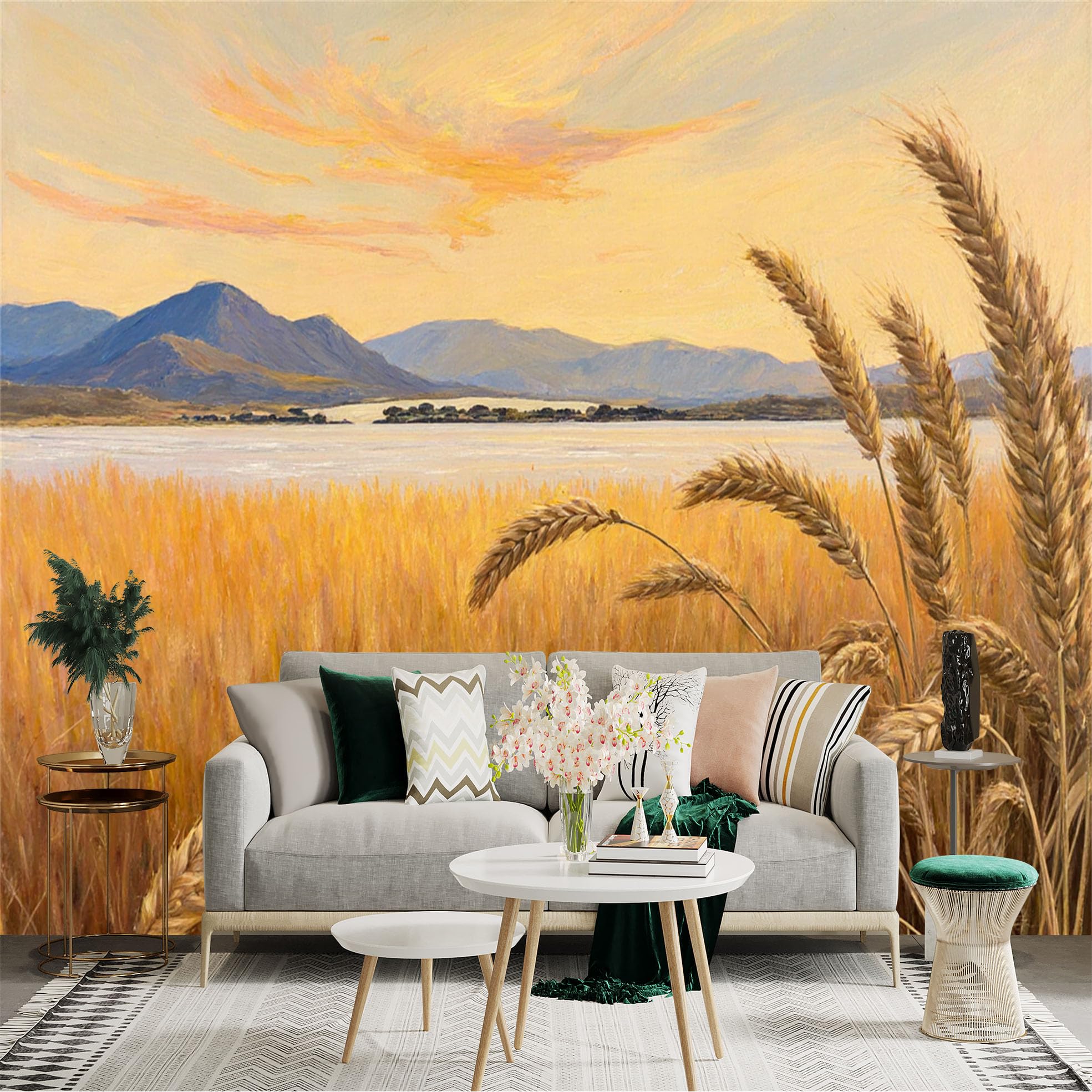 Custom Size Wall Sticker Mural， Golden Wheat Field with Mountains and Lake Under Sunset Sky， for wall Decoration， peelandstick wall Decals.