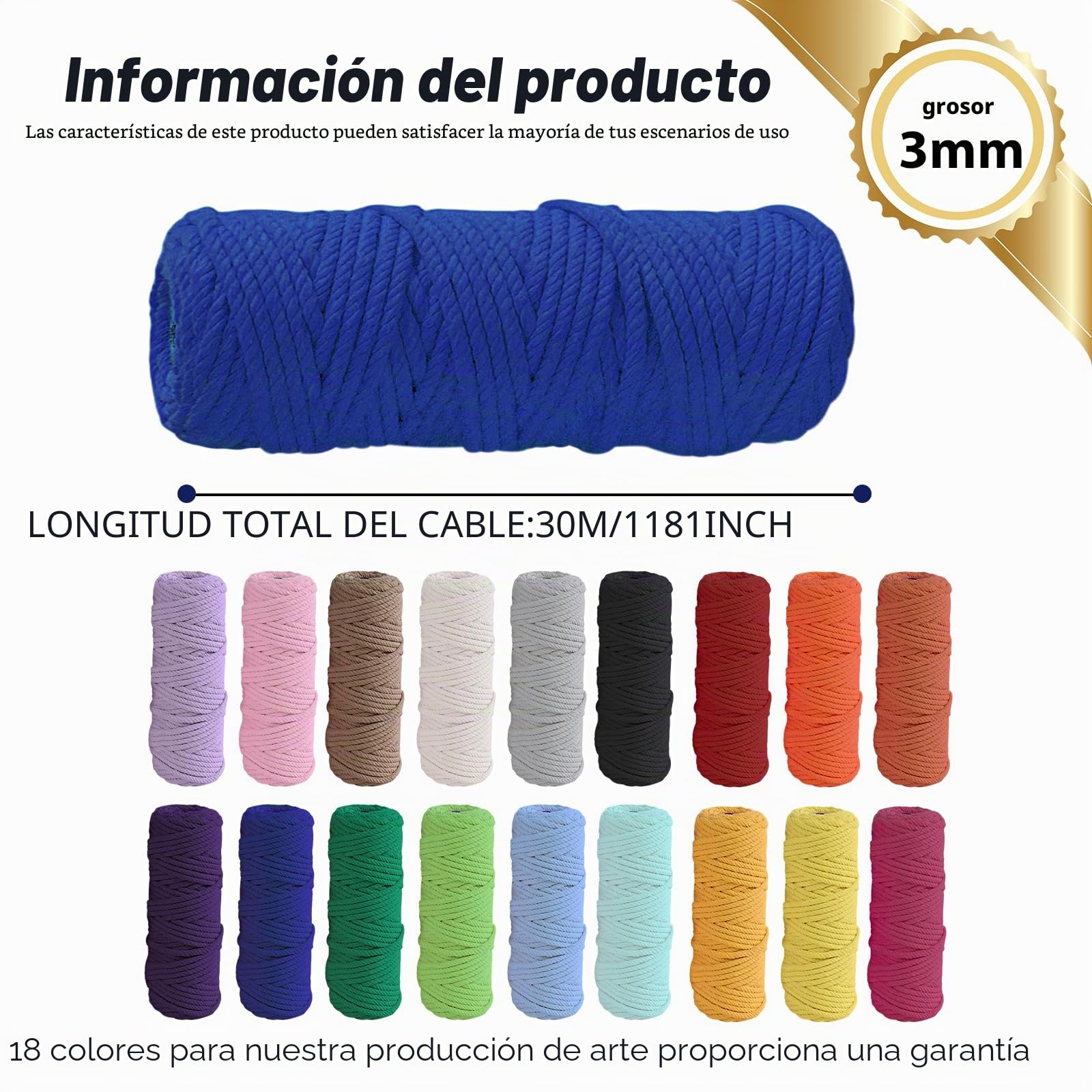 Juego de hilo de macramé de 3 mm x 30 m, 18 unidades de hilo de algodón de macramé, cuerda de algodón multicolor para manualidades, macramé, punto bohemio, decoración para salón, balcón (3 mm)