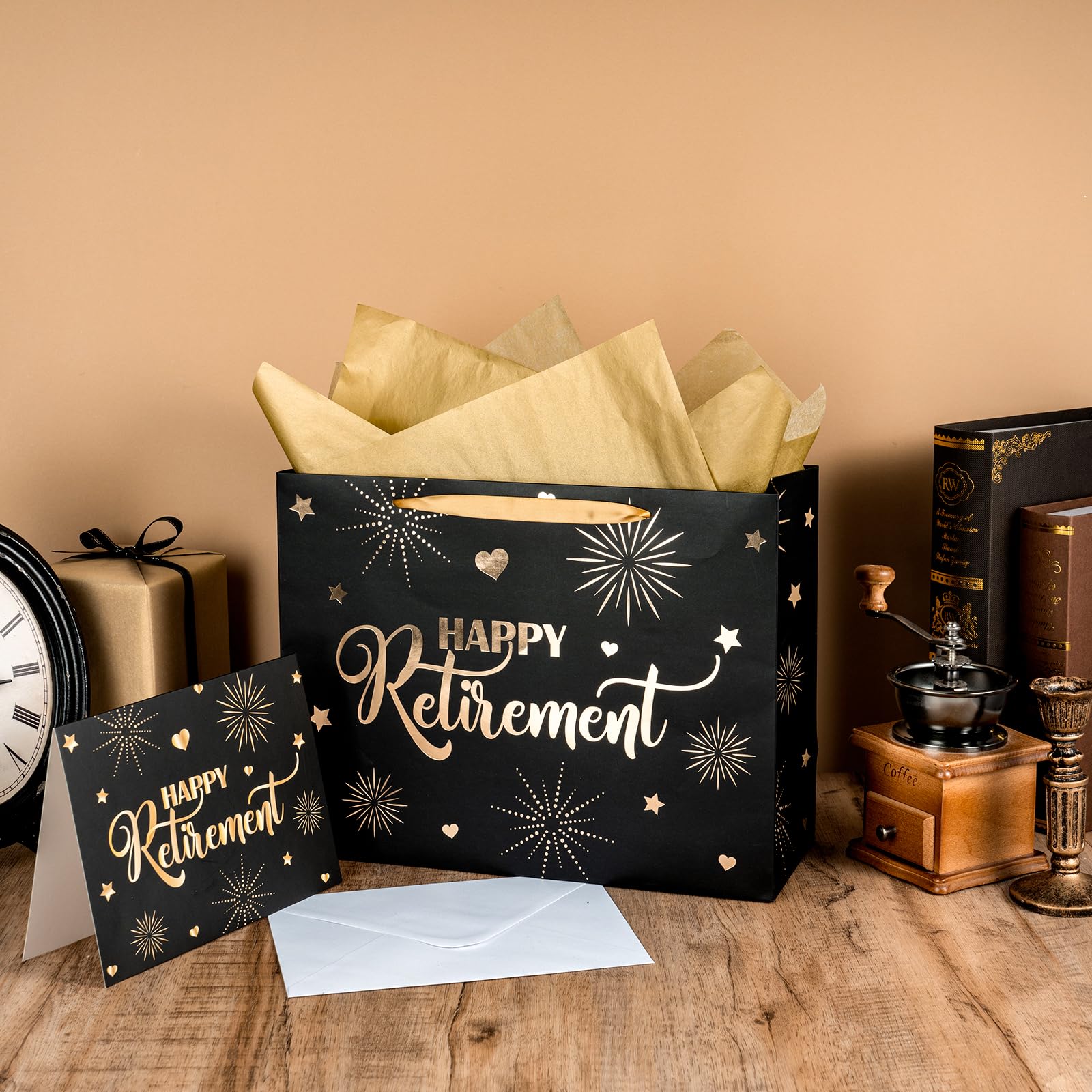 LeZakaa Happy Retirement Gift Bag, Black Goil Foil Hearts Stars Fireworks Design with Tissue Paper and Greeting Card for Men Women, 13" x 10" x 5", 1 Pcs
