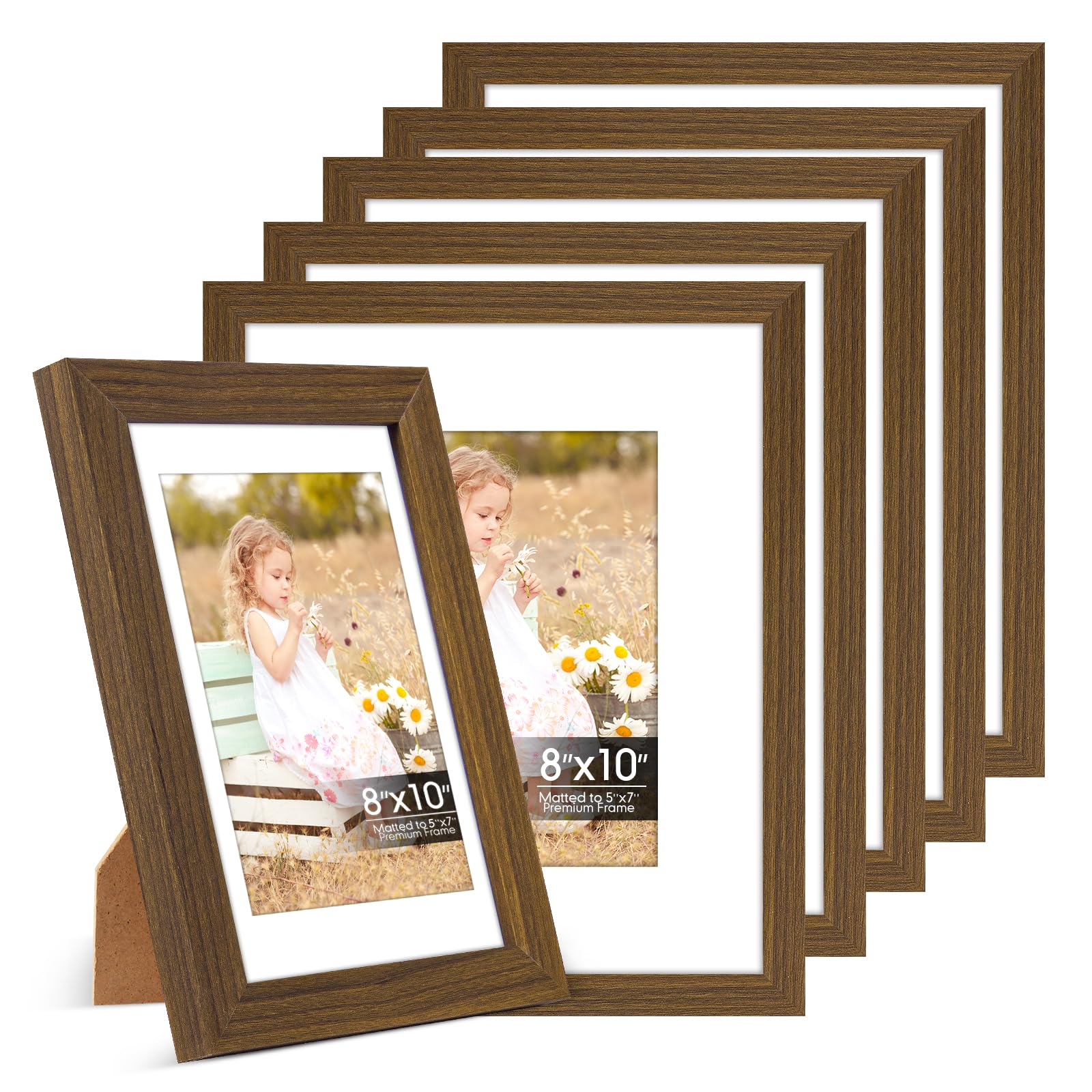 6 Pack 8x10 Frames, Mat for 5x7 Photos, Shatter HD Plexiglass | Removable mat fits two photo sizes, slim frame with stand for horizontal &amp; vertical tabletop &amp; wall mount