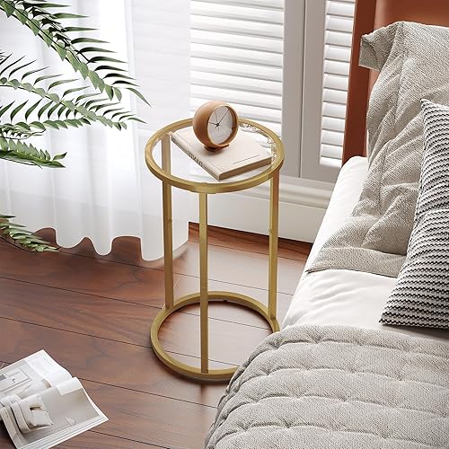 Miniatura 6 de SAYGOER Mesa auxiliar redonda pequeña dorada para espacios pequeños de 11.8 x 19.7 pulgadas, sofá estrecho de noche, mesita de noche moderna para