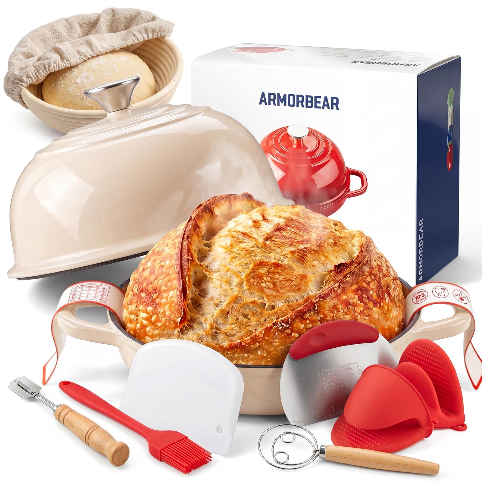 Armorbear Enamelled Dutch Oven for Bread Making with Sourdough Starter Kit, 4.7L Cast Iron Dutch Oven Pot, Round Cast Iron Bread Pot with Dome Lid for Homemade Bread, Gift for Sourdough Bakers