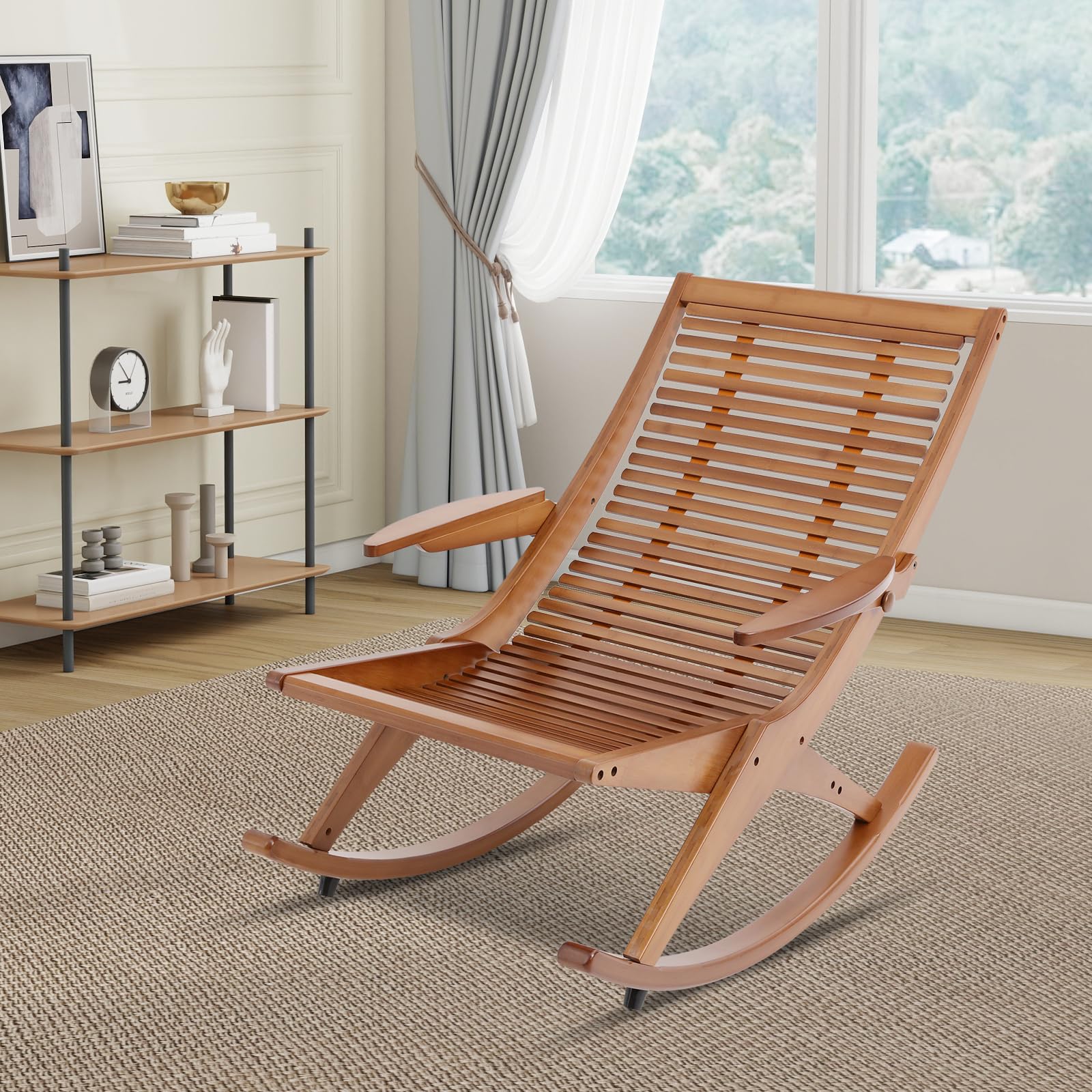 Bambusowy fotel bujany z ergonomicznym siedziskiem, obciążenie do 150 kg, swobodne kołysanie, do salonu, sypialni i na balkon, eleganckie wzornictwo w kolorze brązowym, 54,8 x 92 x 75,5 cm