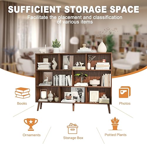 Miniatura 5 de VICLLAX Estante de almacenamiento de madera de 3 niveles, estantería de pie con 8 cubos con patas, estantería de exhibición para sala de estar,