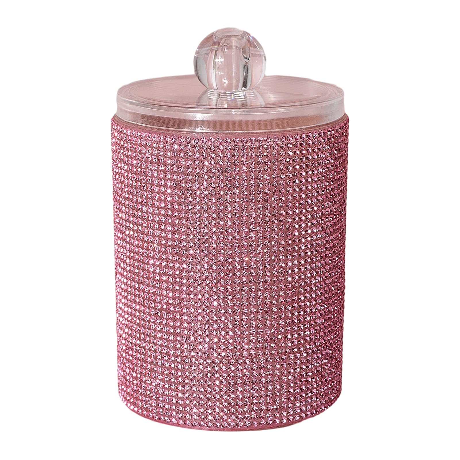 Porceosy Rhinestone Cotton Swab Holder, Sparkly Storage Jar with Clear Lid, Dustproof Q-tips and Cotton Pad Organiser for Vanity, Bathroom Countertop and Makeup Storage Pink