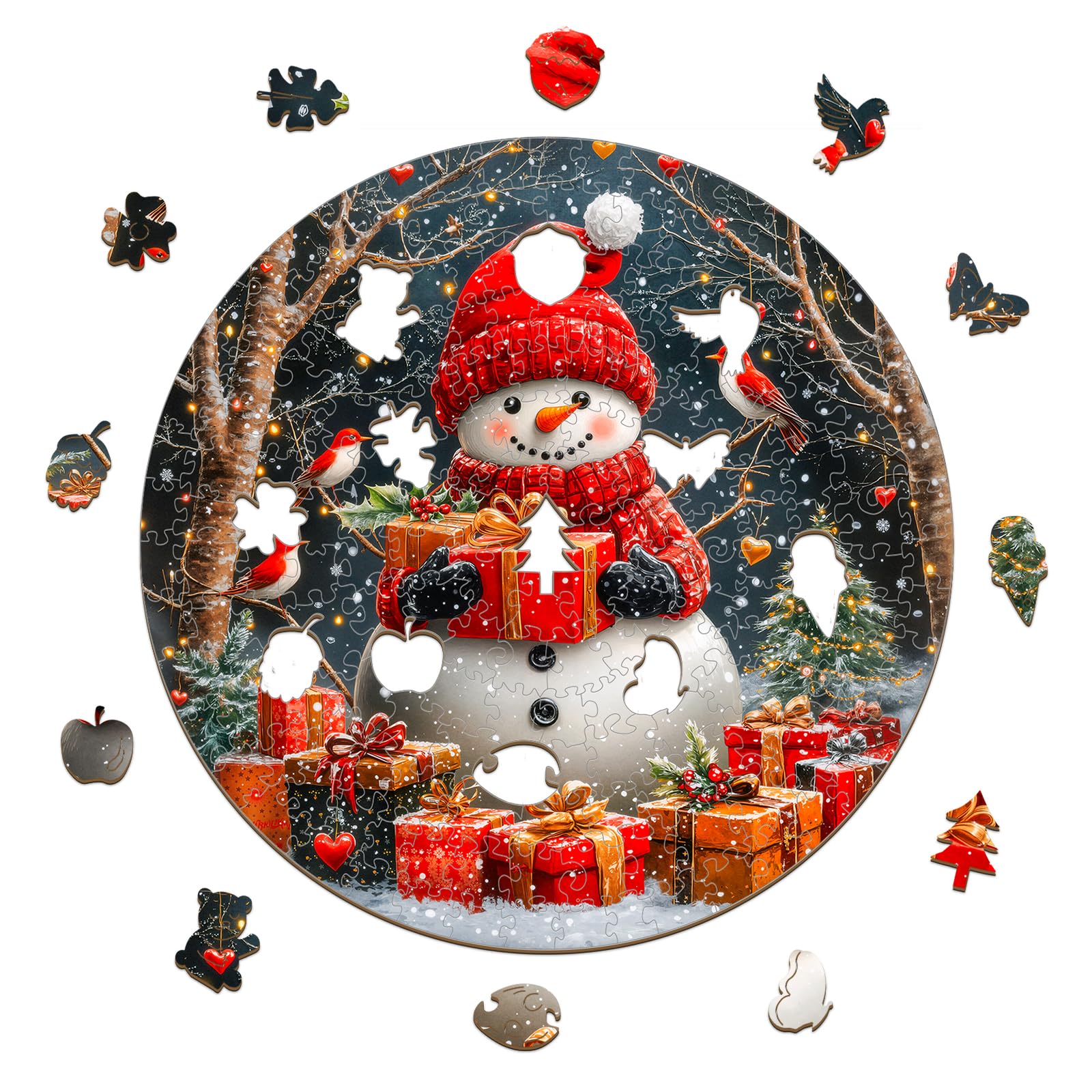 Puzzles de Noël en bois pour adultes – Bonhomme de neige | Pièces de puzzle en bois de forme unique, cadeaux ronds en bois pour les amateurs de puzzle, la famille (34 x 34 cm