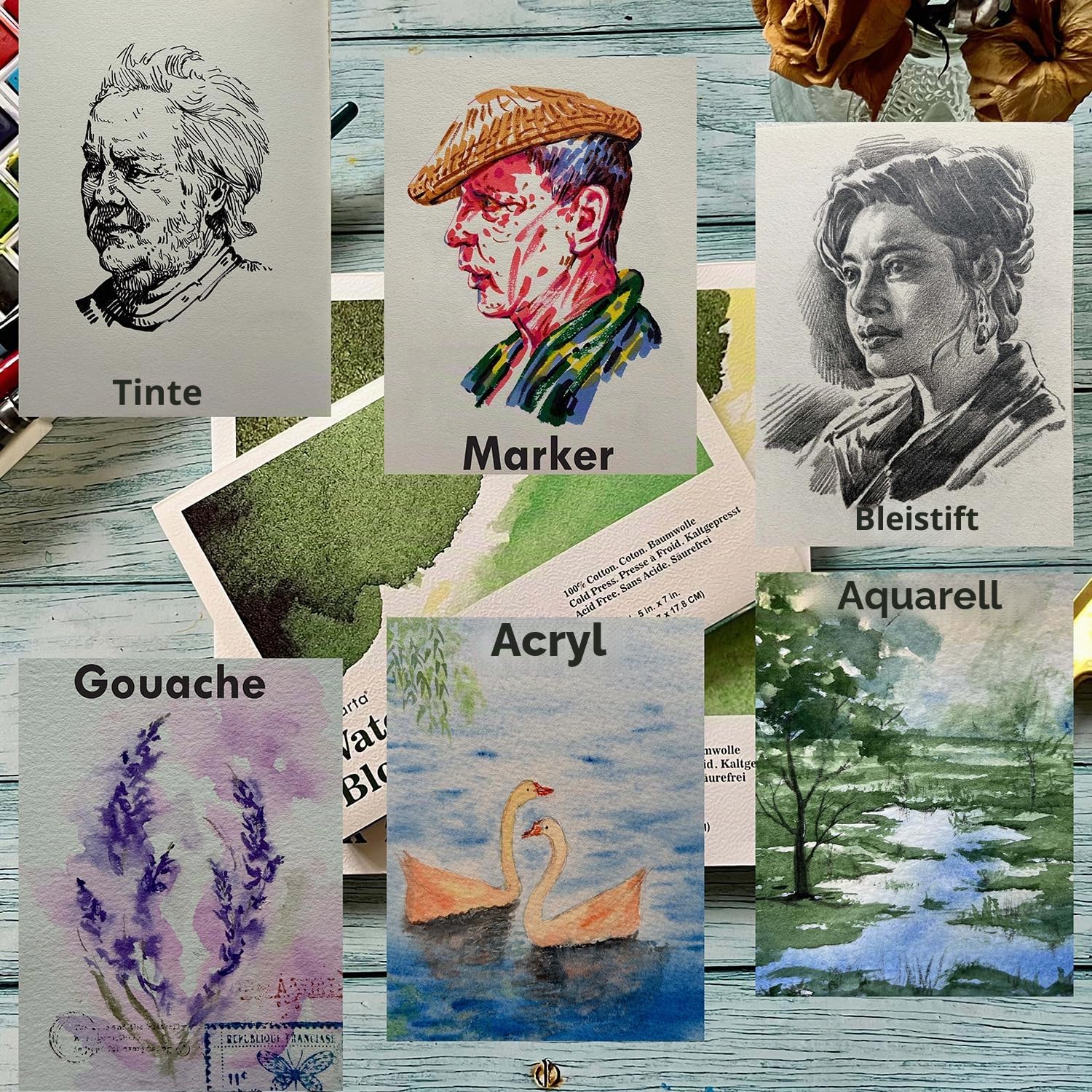 tumuarta 640 GSM Aquarell Papier block, 100% Baumwolle, 10 Blatt, säurefrei, kaltgepresst, Mediaskizzenbücher für Wasserfarben, Acryl und weitere trockene und nasse Medien (20.3x20.3 CM)