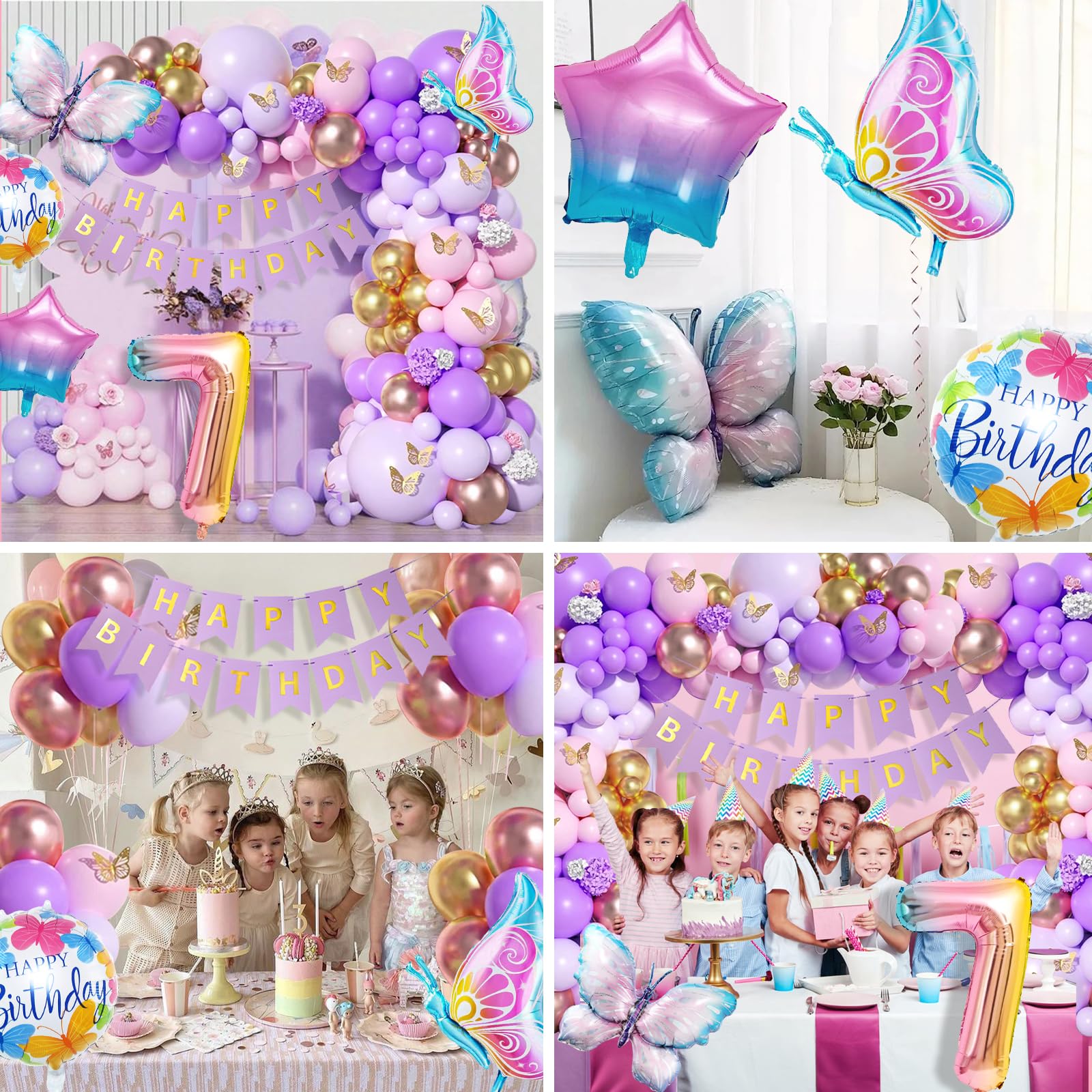 Kit Decorazione Festa Compleanno A Tema Farfalla, Viola E Rosa, Per 20 Persone: Palloncini, Stoviglie, Tovaglia, Sfondo E Decorazioni 3D - 3