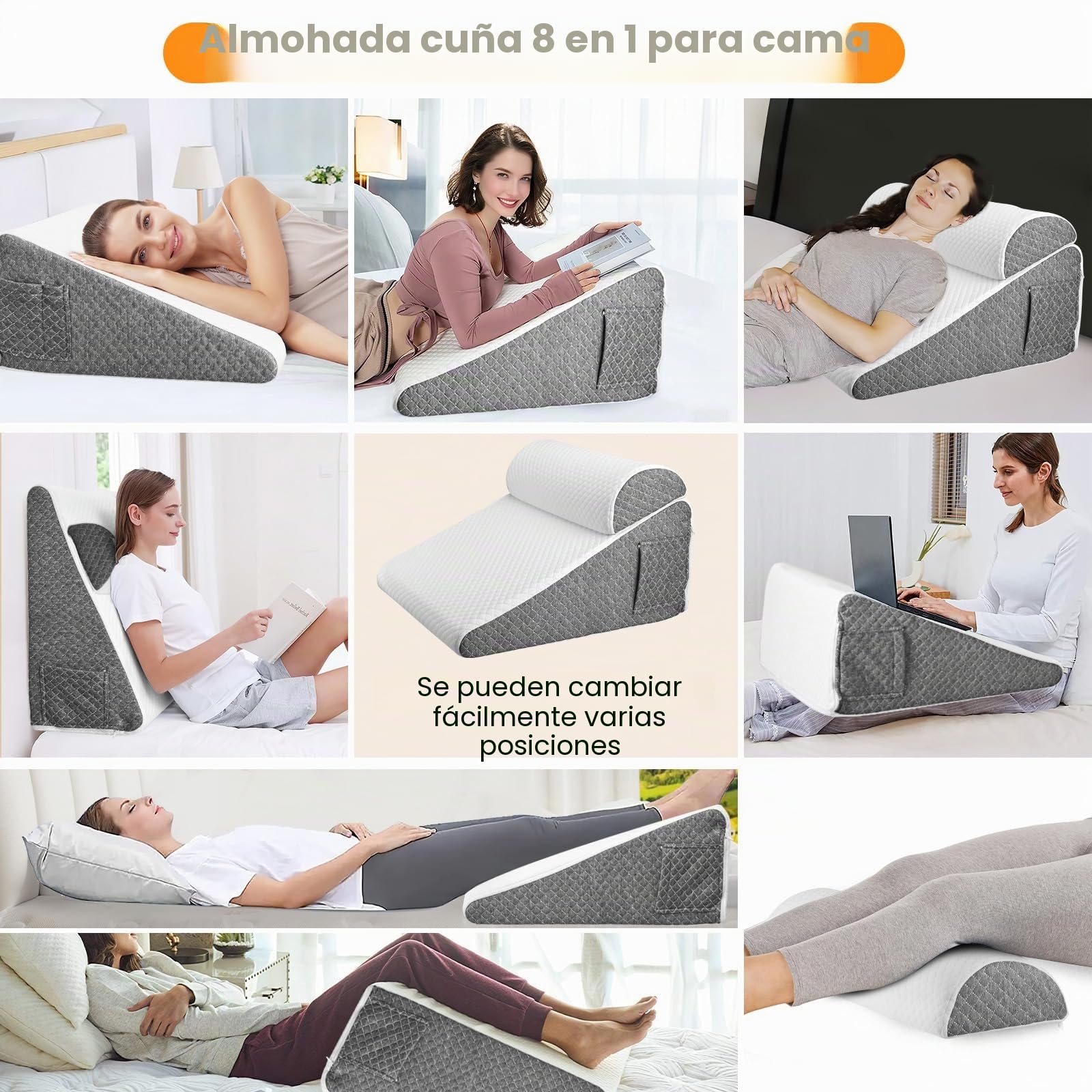 Cojín en cuña para cama, cojín antirreflujo para adultos con soporte para la espalda, ergonómico cojín triangular para el apoyo de la espalda, piernas y rodillas (espuma de alta densidad)