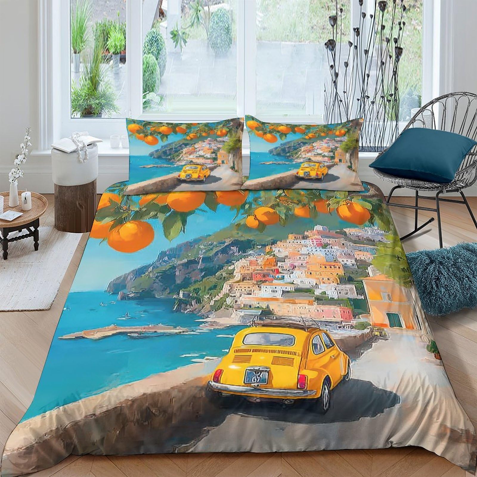 Ctjqhvkz Style-7 3D Printed Amalfi Coast Fitted Sheet Microfiber Orange Car Bed Cover Bedroom Decor Anti-Slip Washable Single（135X200cm）